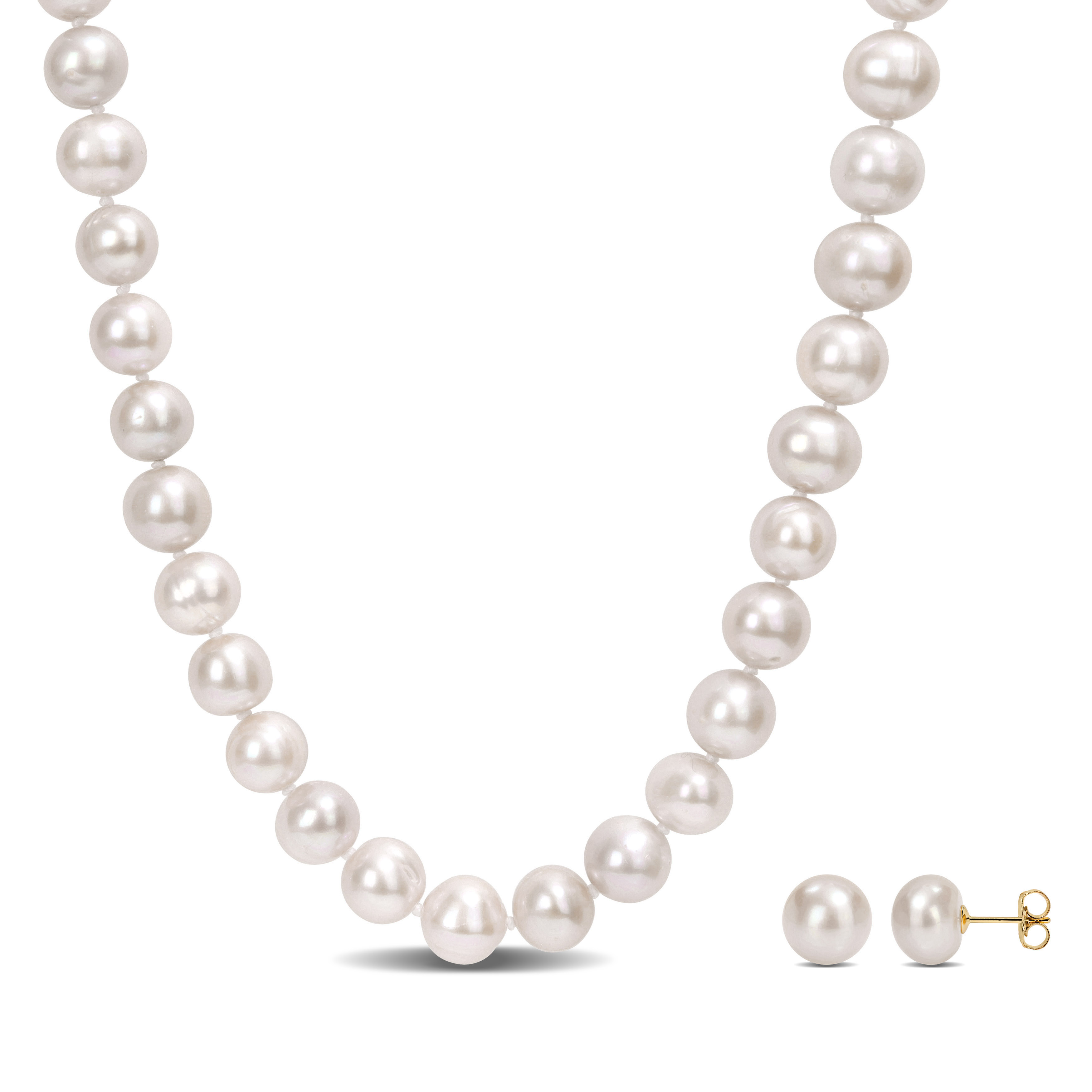 9-10 MM Cultured Freshwater Pearl Strand Necklace and Stud Earrings 2-Piece Set in 14k Yellow Gold