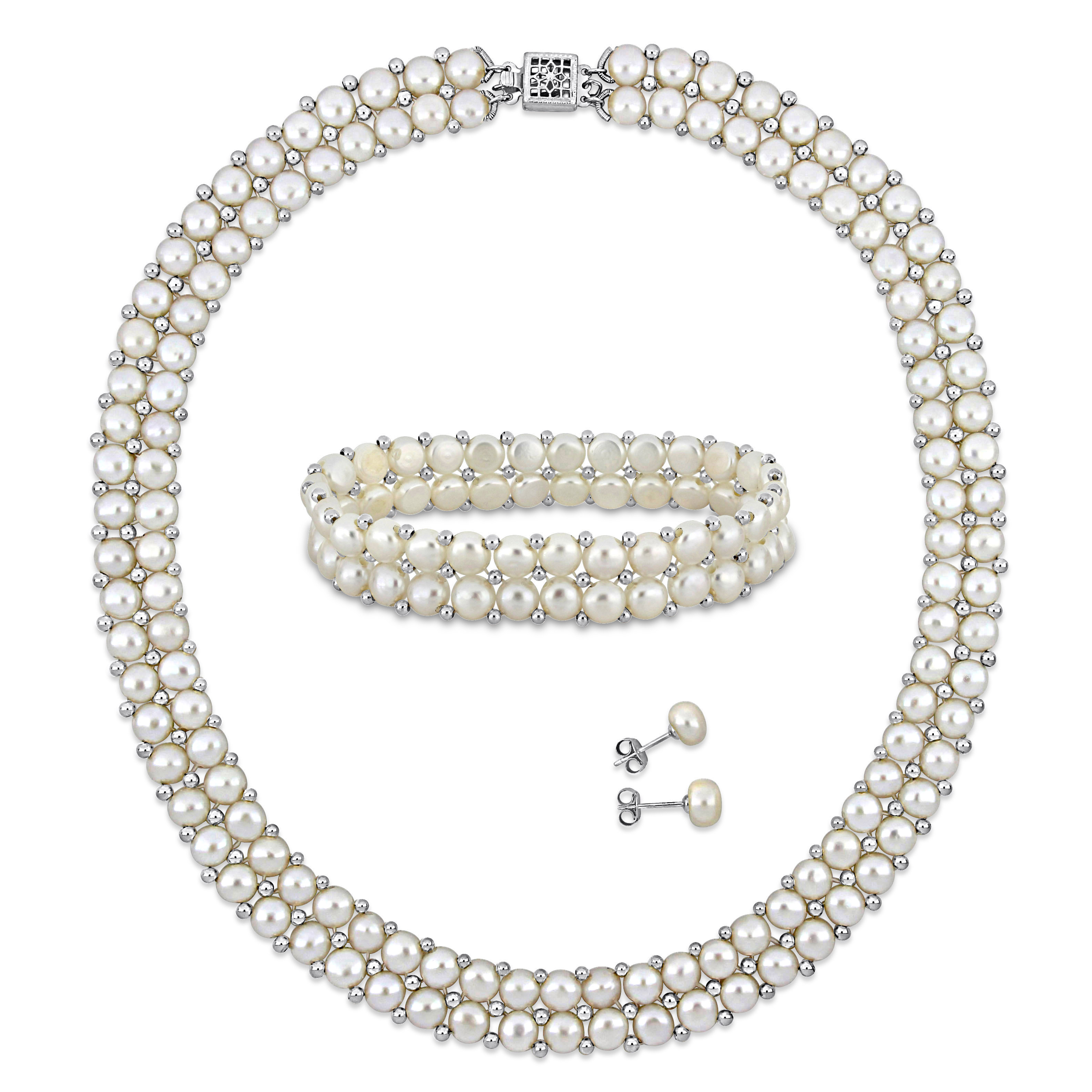 6 - 8 MM White Freshwater Cultured Button Pearl Double-Row 17" Necklace, 7" Bracelet & Button Earrings Set in Sterling Silver