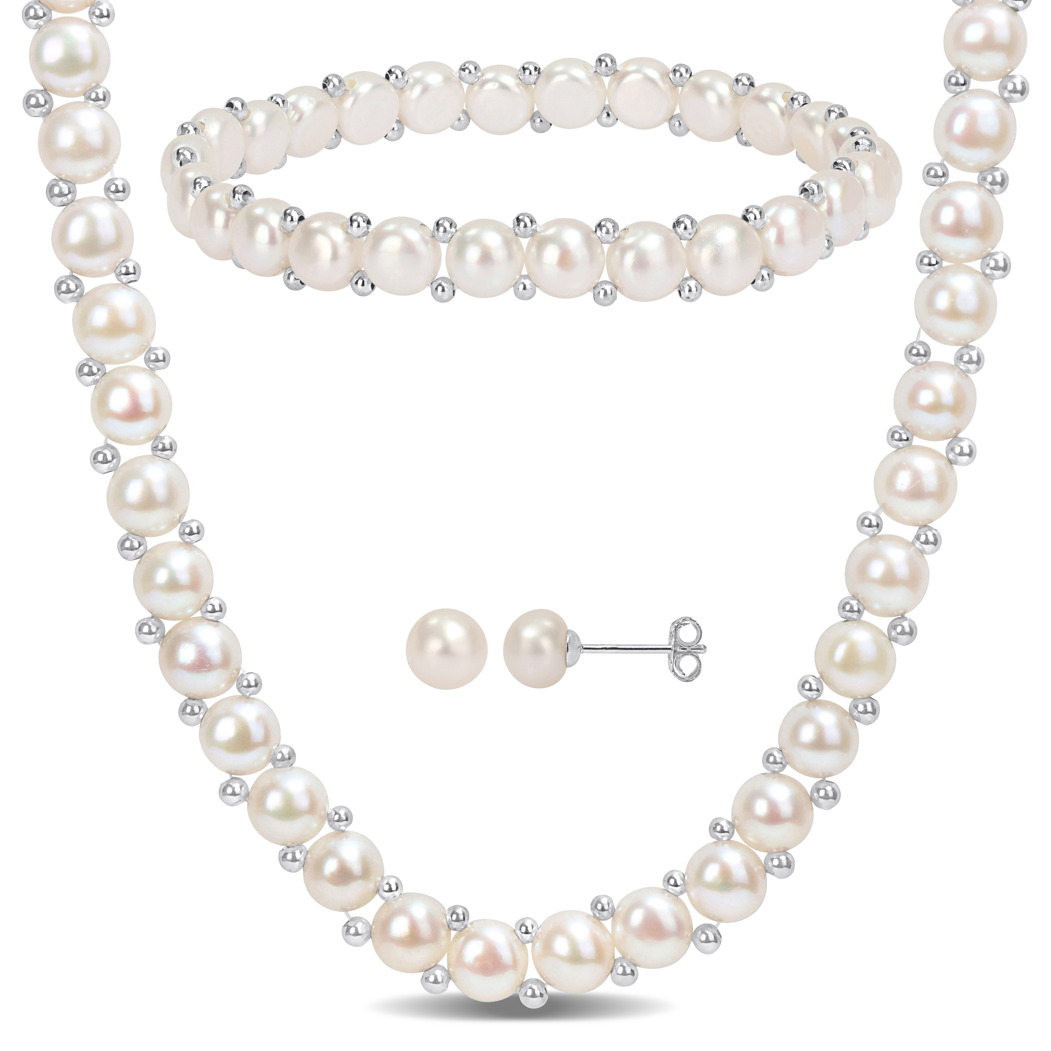 6-7mm & 7-8mm White Cultured Freshwater Button Pearl Strand Necklace, Bracelet and Stud Earrings 3-Piece Set with Sterling Silver