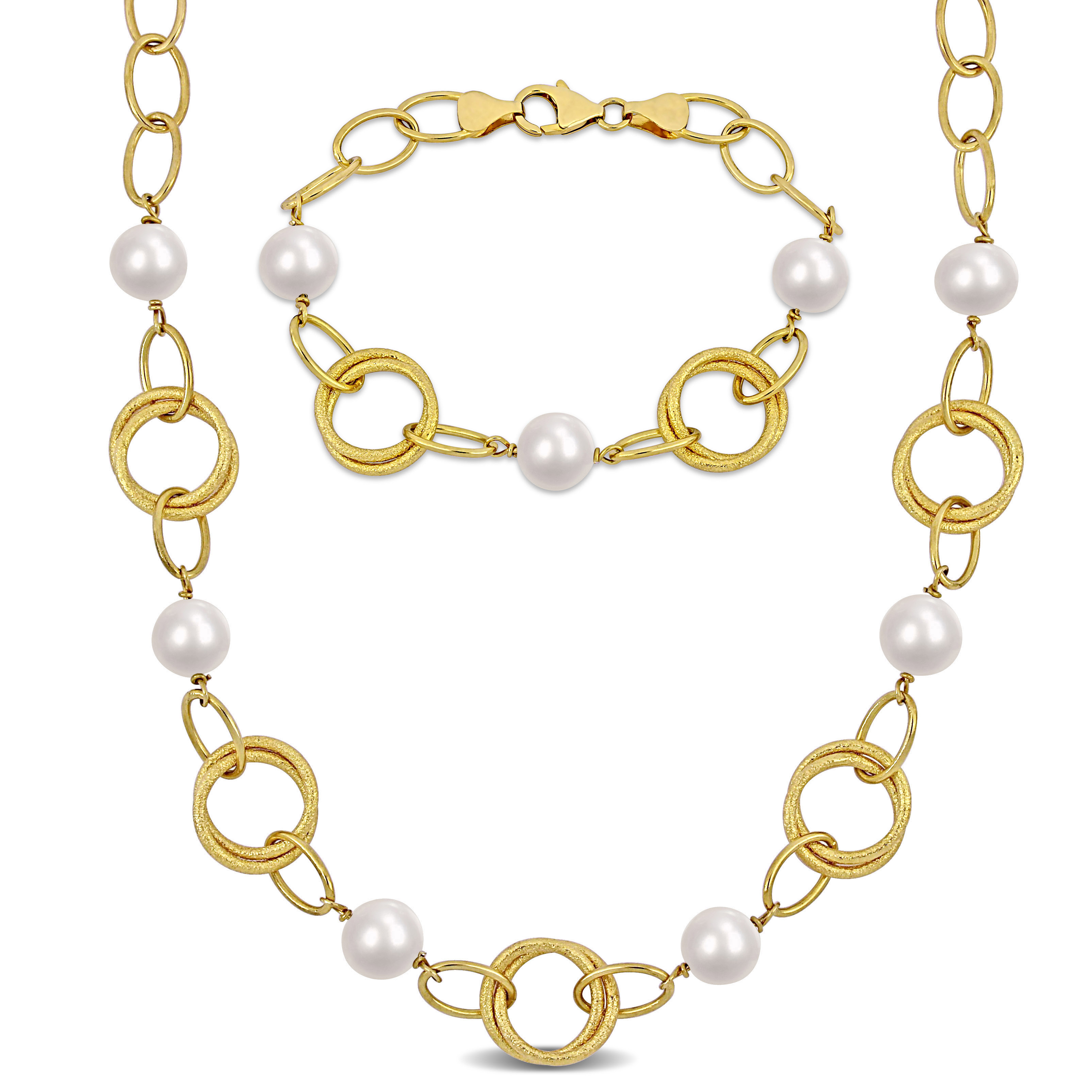 9-10 MM Cultured Freshwater Pearl and Circle Chain Necklace and Bracelet Jewelry Set in Yellow Plated Sterling Silver