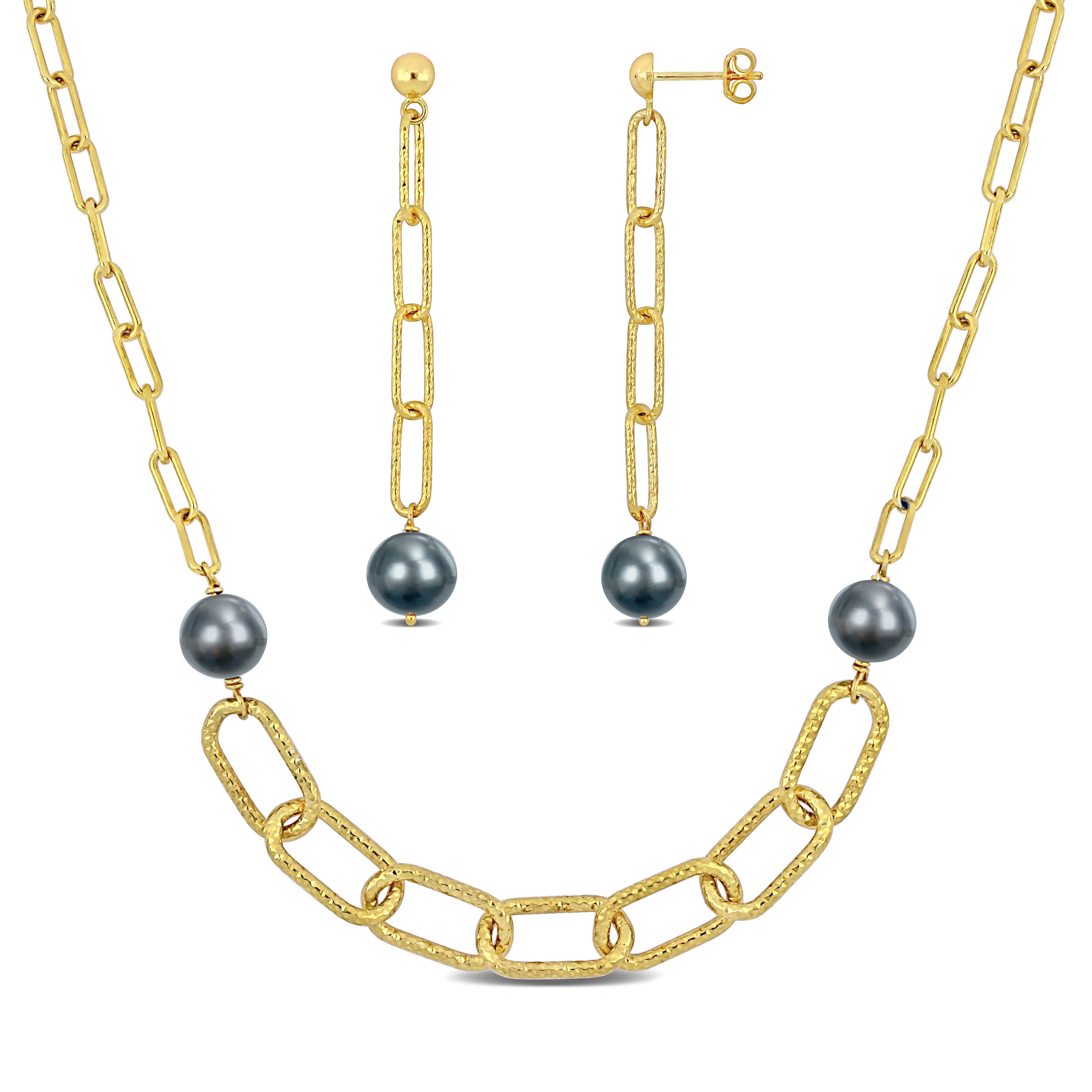 9-10 MM Grey Pearl Oval Link Earrings and Chain Bar Necklace Jewelry Set in 18k Yellow Gold Plated Sterling Silver