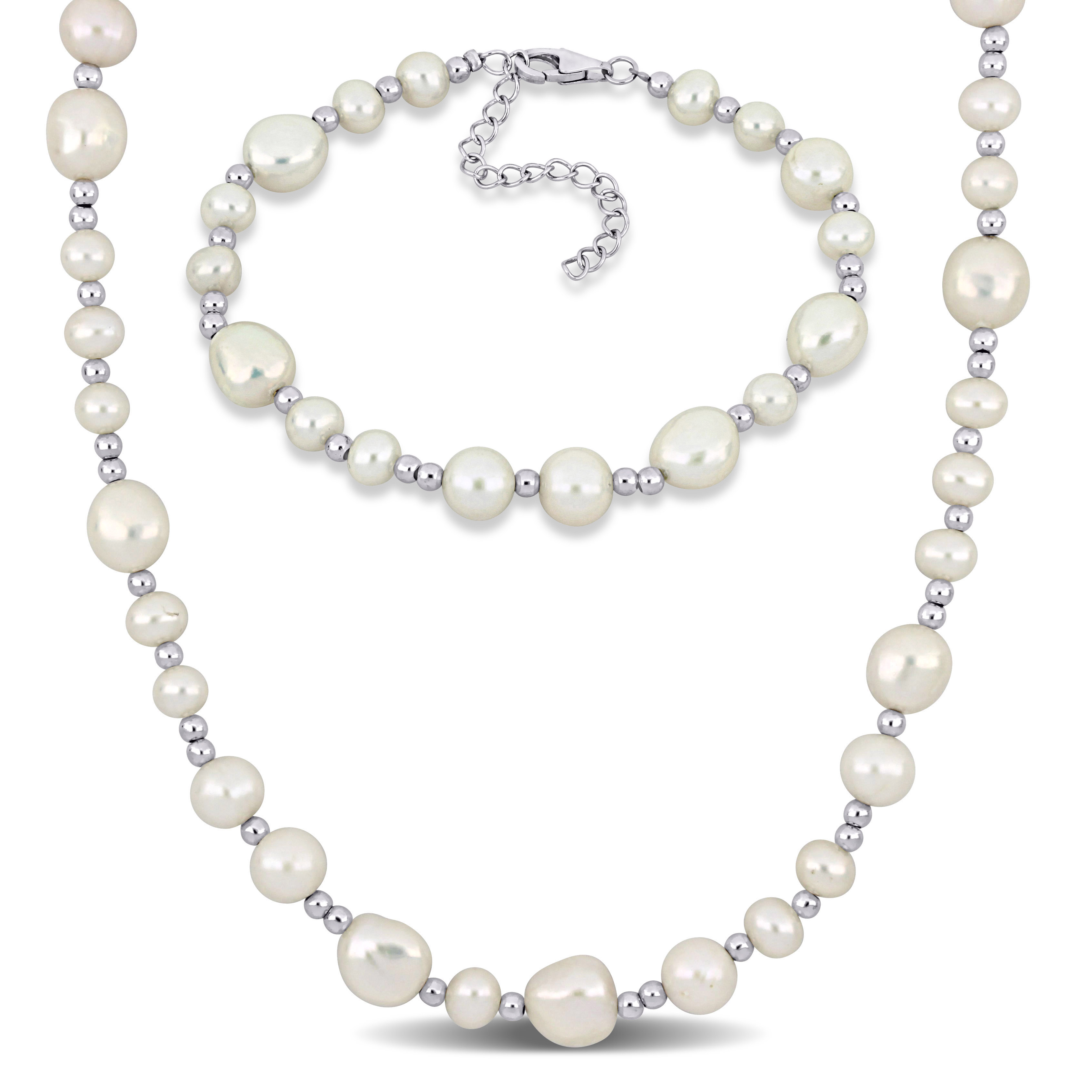 5-10 MM Cultured Freshwater Pearl Bead Necklace and Bracelet Set with Sterling Silver Clasps