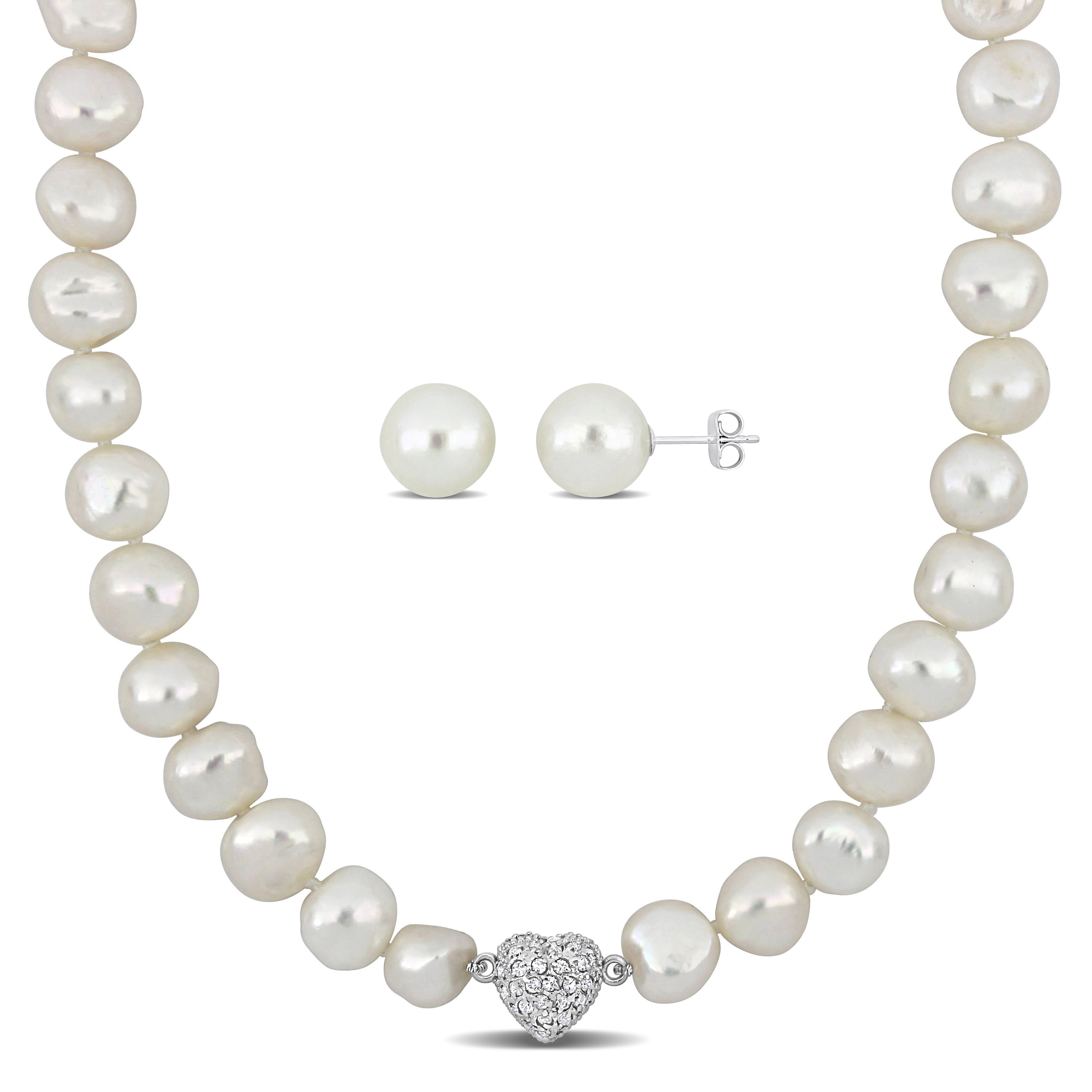 11-12 MM Cultured Freshwater Pearl Strand Necklace and Stud Earrings 2-Piece Set in Sterling Silver