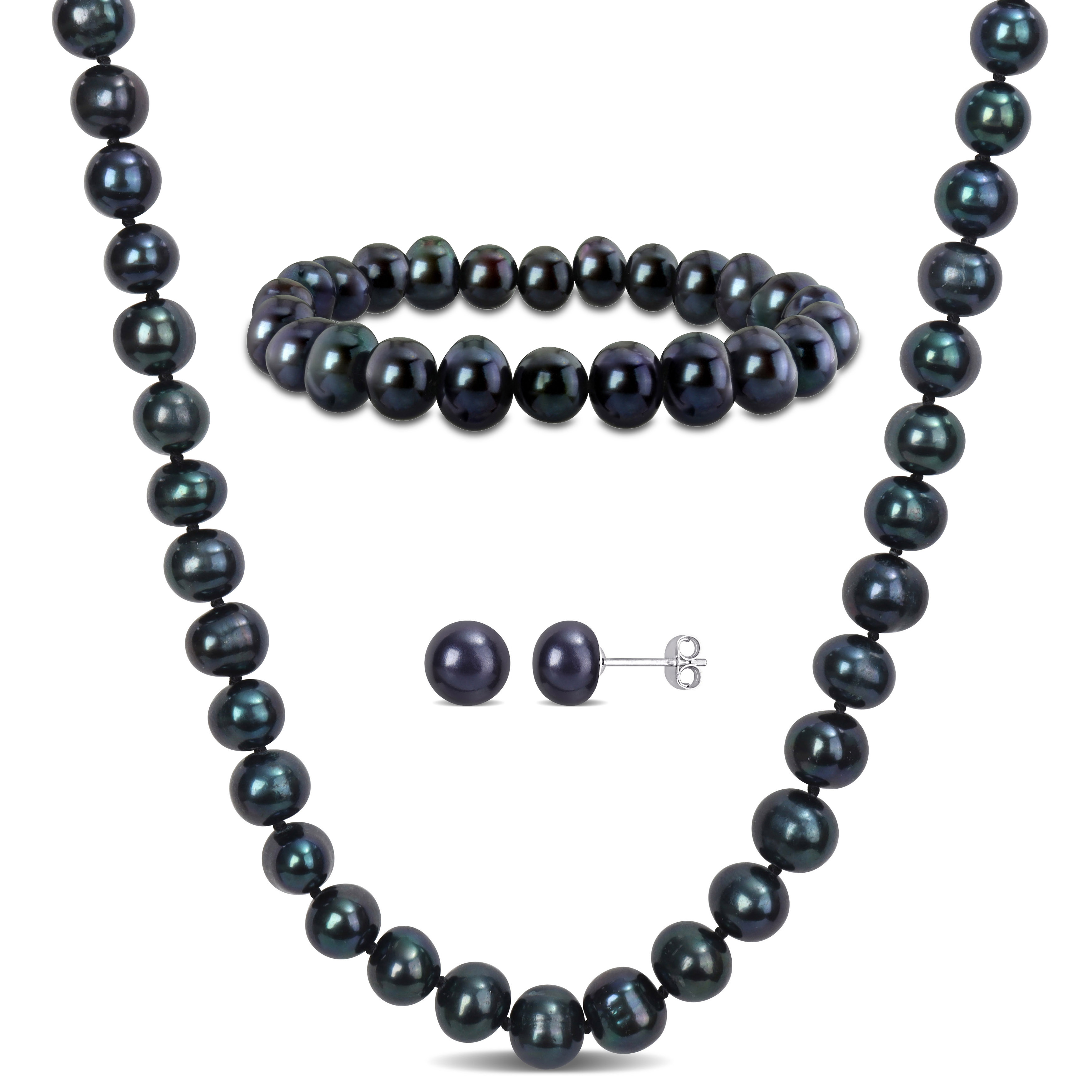 7.5-8 MM Black Cultured Freshwater Pearl Necklace Bracelet and Earrings Set in Sterling Silver