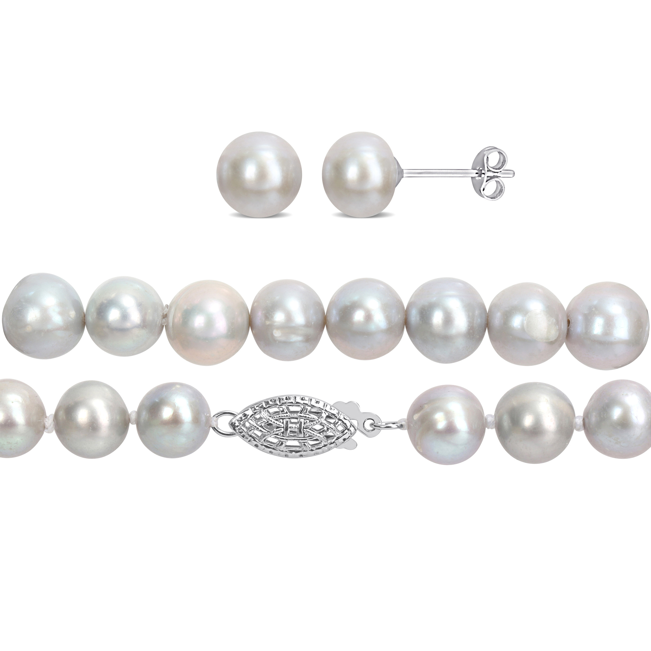 7.5-8 MM Grey Freshwater Cultured Pearl 3-Piece Set of Necklace Earrings and Bracelet in Sterling Silver