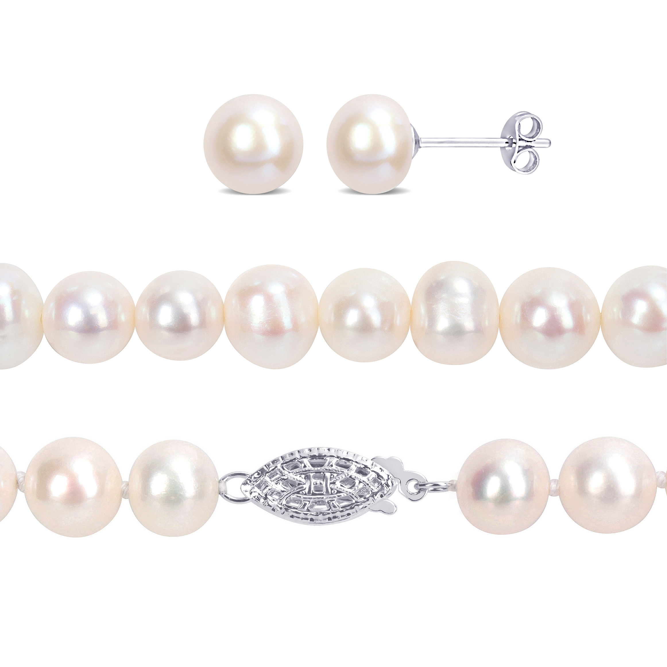 7.5-8 MM Freshwater Cultured Pearl 3-Piece Set of Necklace Earrings and Bracelet in Sterling Silver