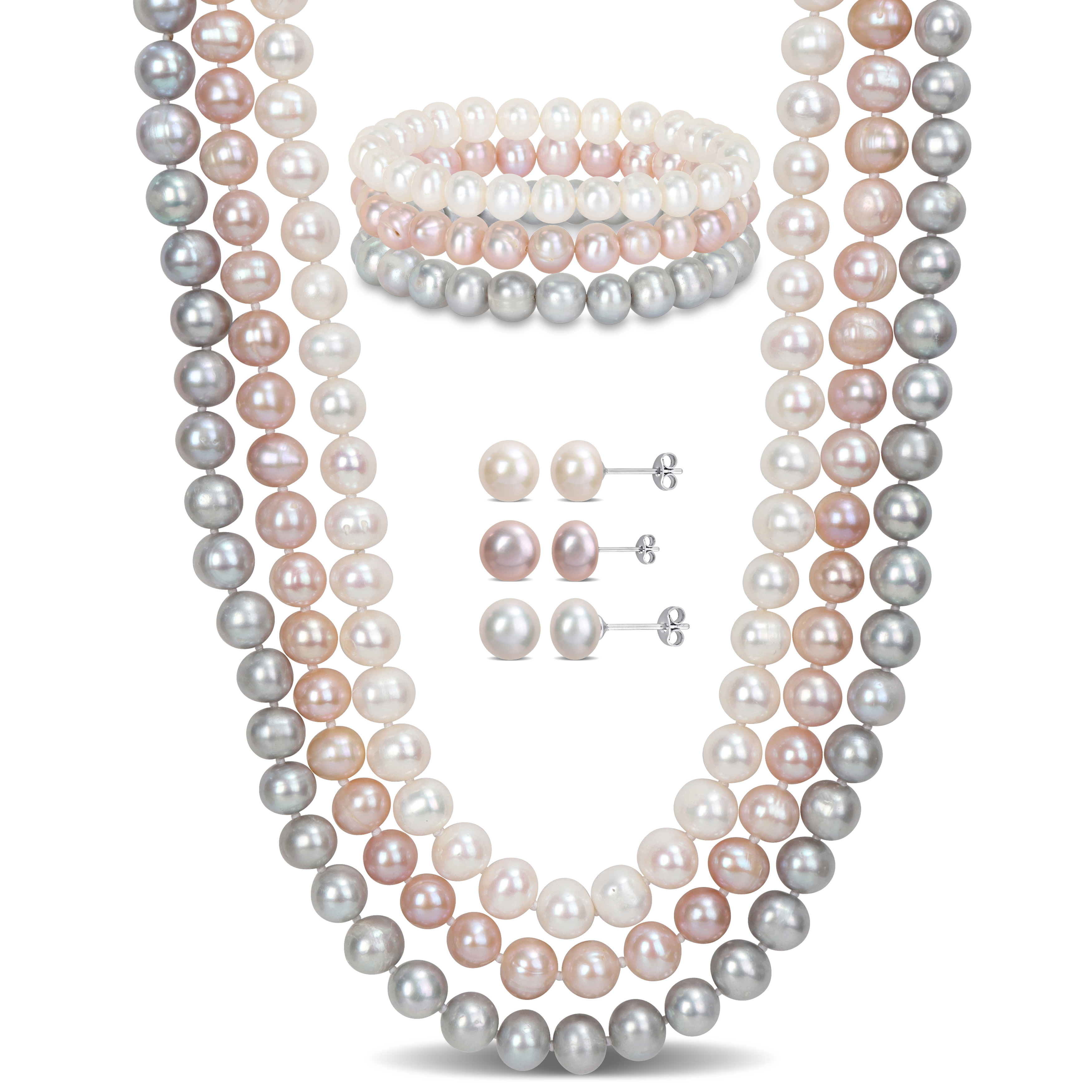 7.5-8 MM White Pink Grey Cultured Freshwater Pearl 3-Strand Necklace Stretch Bracelets and Earrings 7-Piece Jewelry Set in Sterling Silver