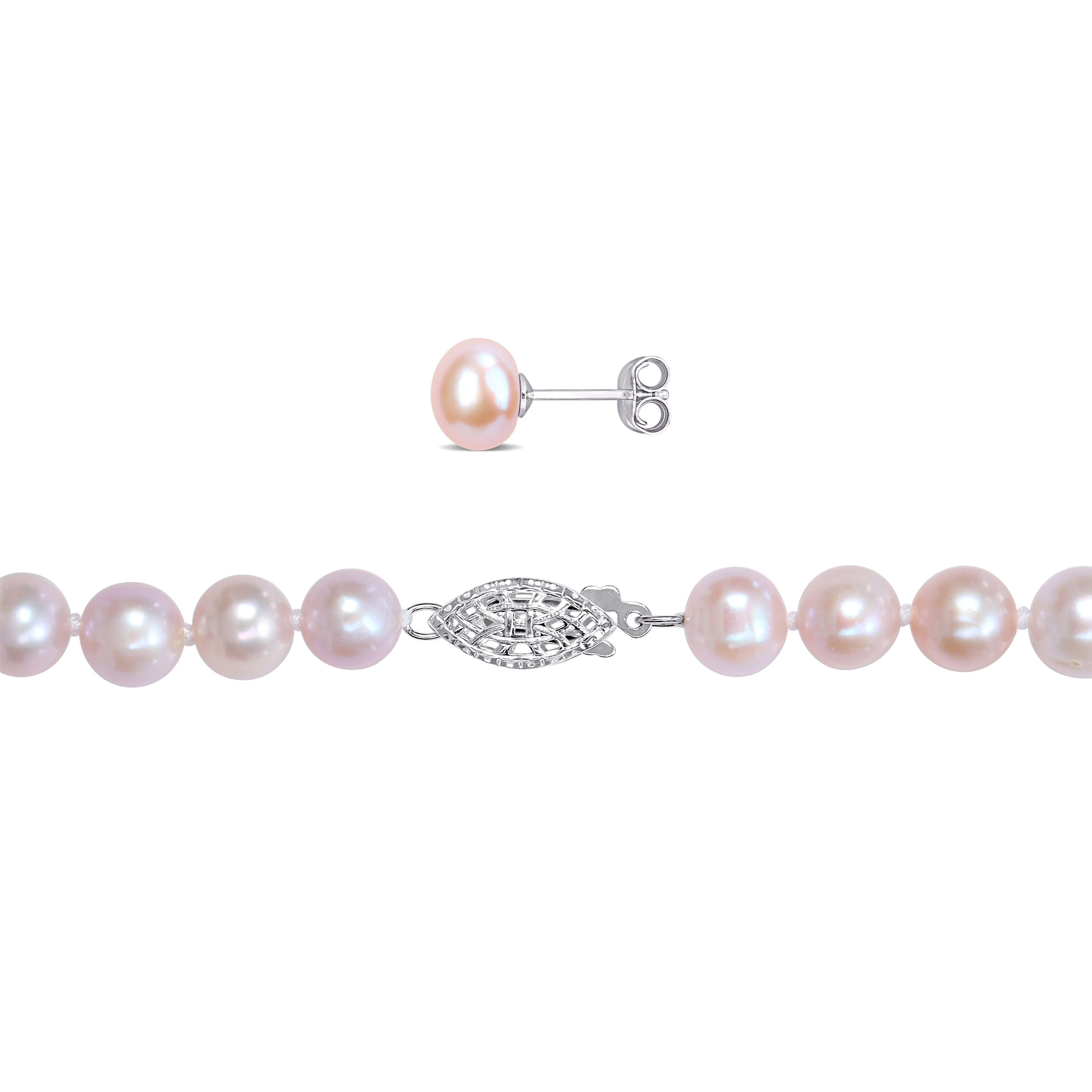 6.5-8 MM Pink Cultured Freshwater Pearl 3-Piece Set of Strand Necklace Stretch Bracelet and Stud Earrings in Sterling Silver