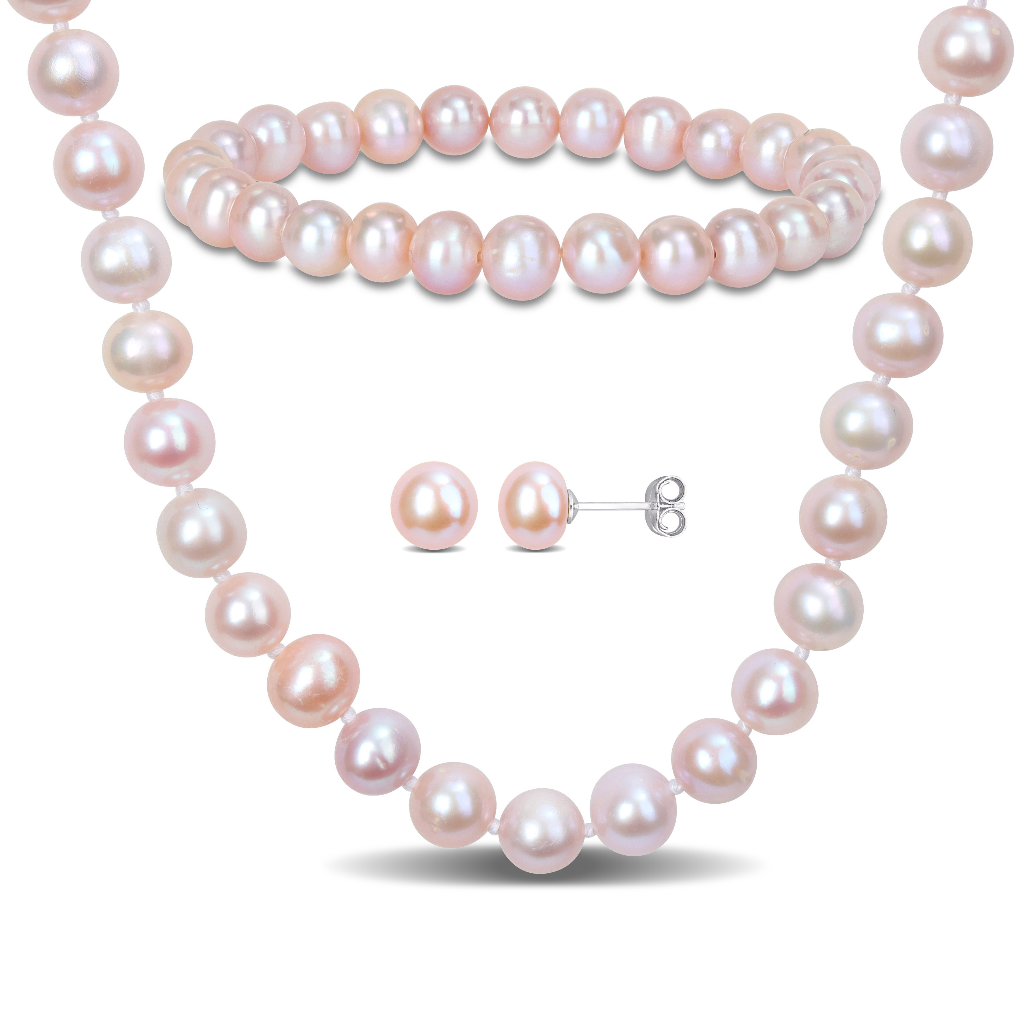 6.5-8 MM Pink Cultured Freshwater Pearl 3-Piece Set of Strand Necklace Stretch Bracelet and Stud Earrings in Sterling Silver