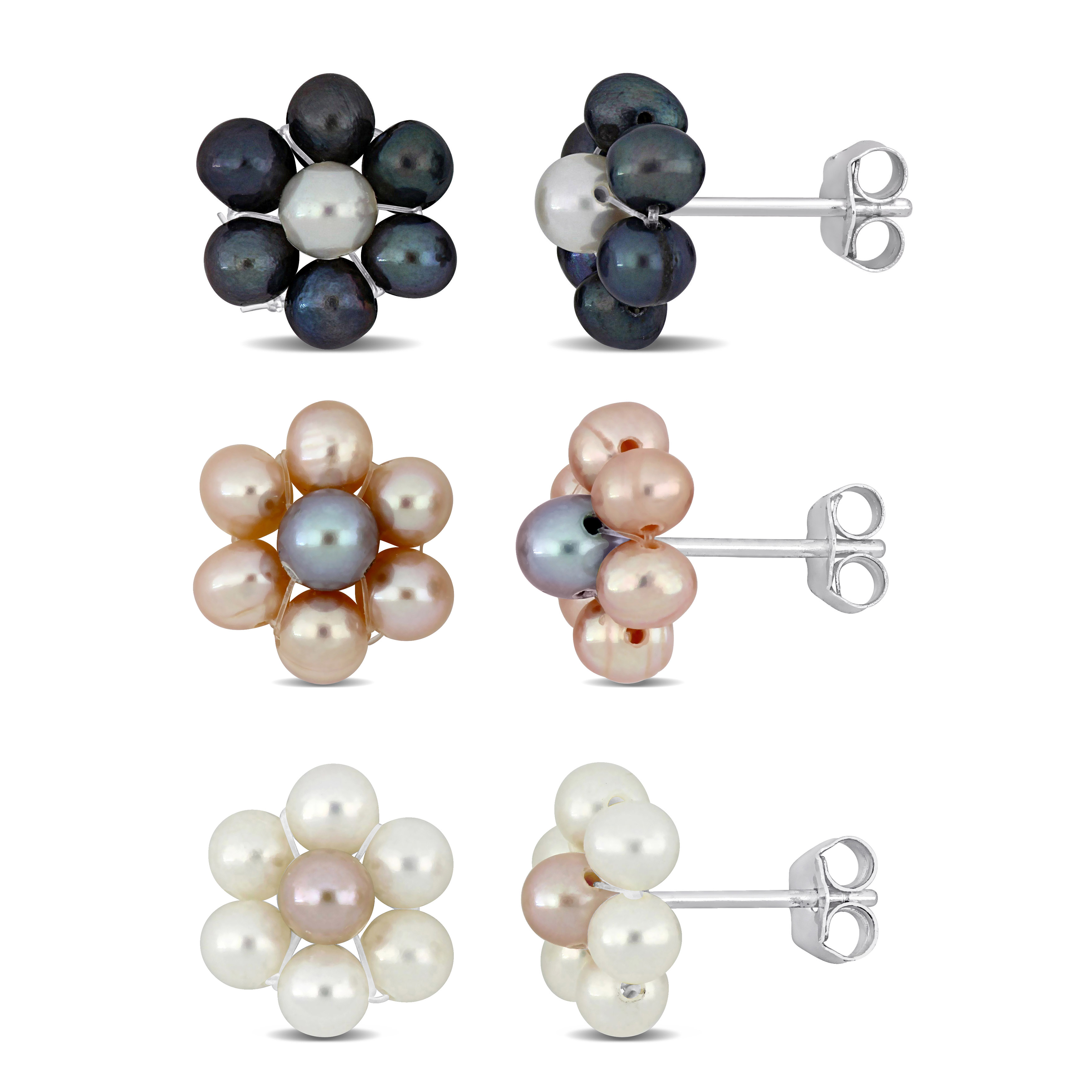 3-4 MM Multi-Color Cultured Freshwater Pearl Flower Design Stud Earrings 3-Piece Set in Sterling Silver