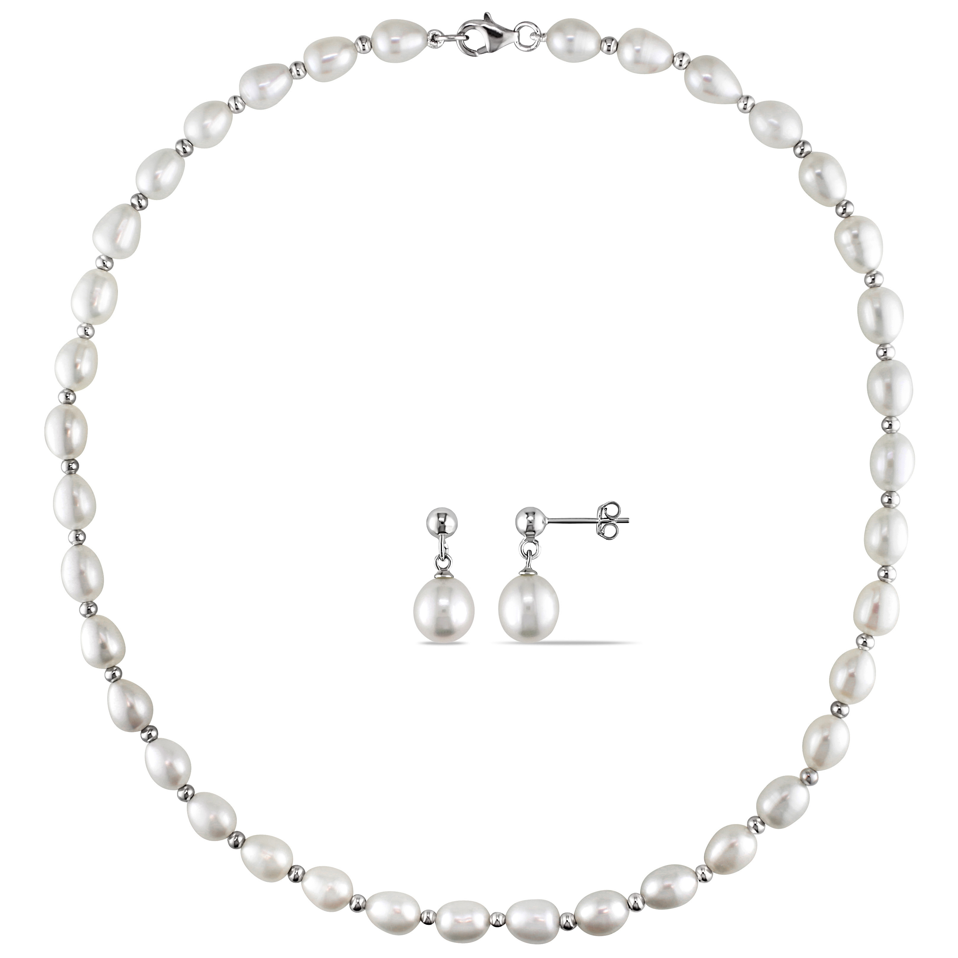 8-8.5 MM White Freshwater Cultured Pearl and Bead Strand and Stud Earring 2-Piece Set in Sterling Silver - 18 in.