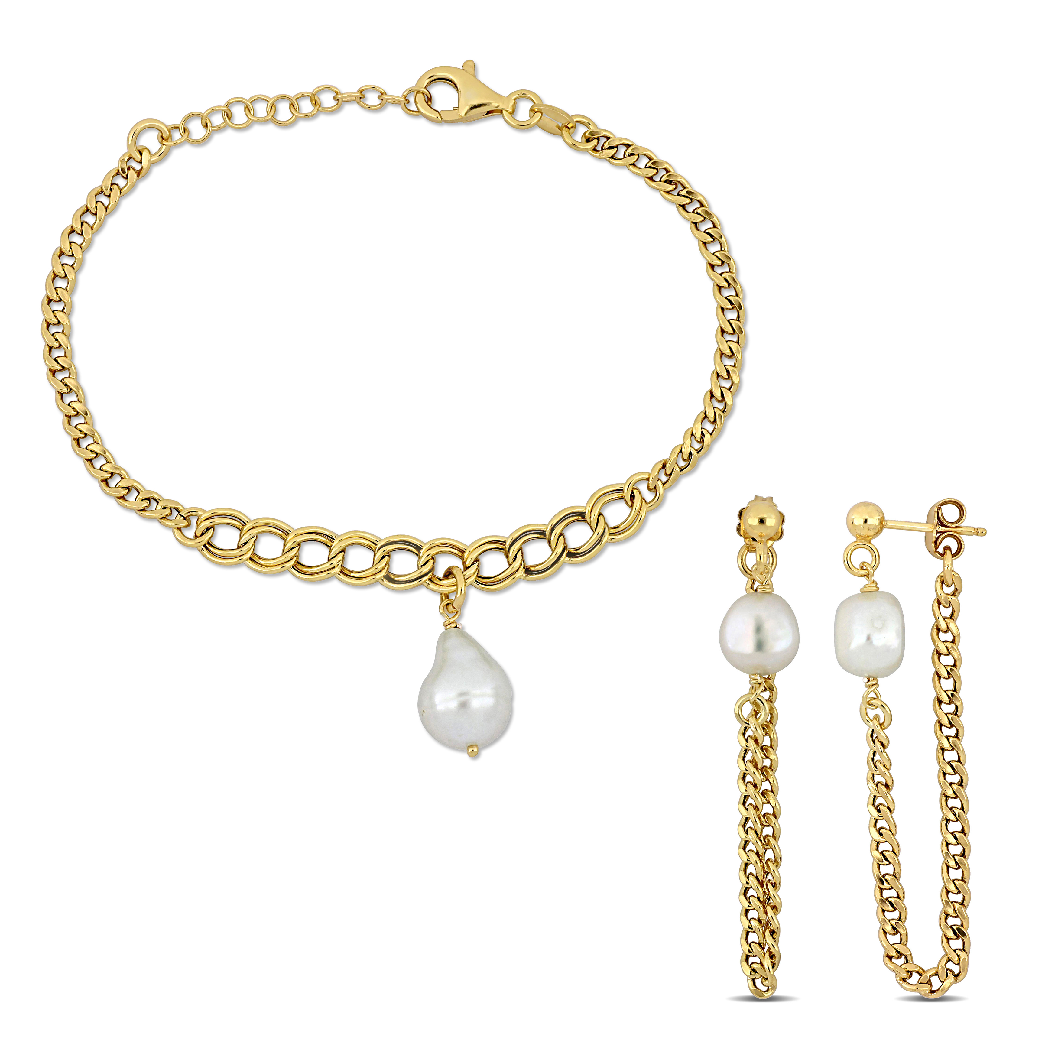 8-10 MM Cultured Freshwater Pearl Curb Link Chain Bracelet and Drop Chain Earrings Set in Yellow Plated Sterling Silver