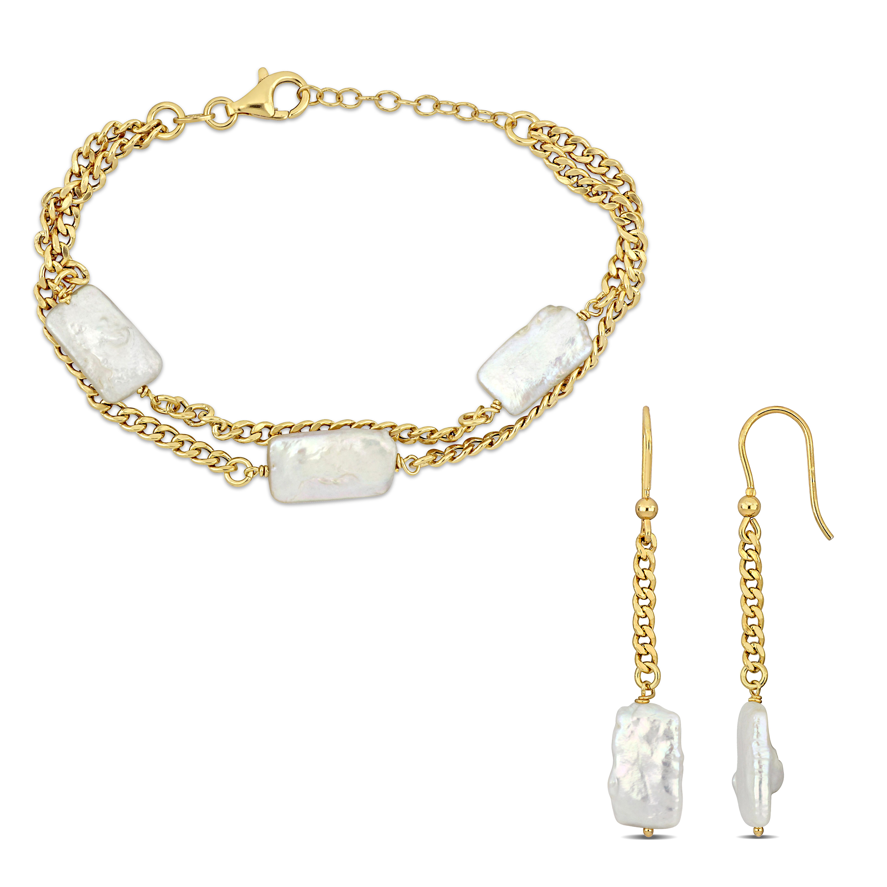 Cultured Freshwater Pearl Curb Link Double Chain Bracelet and Drop Earrings Set in Yellow Plated Sterling Silver