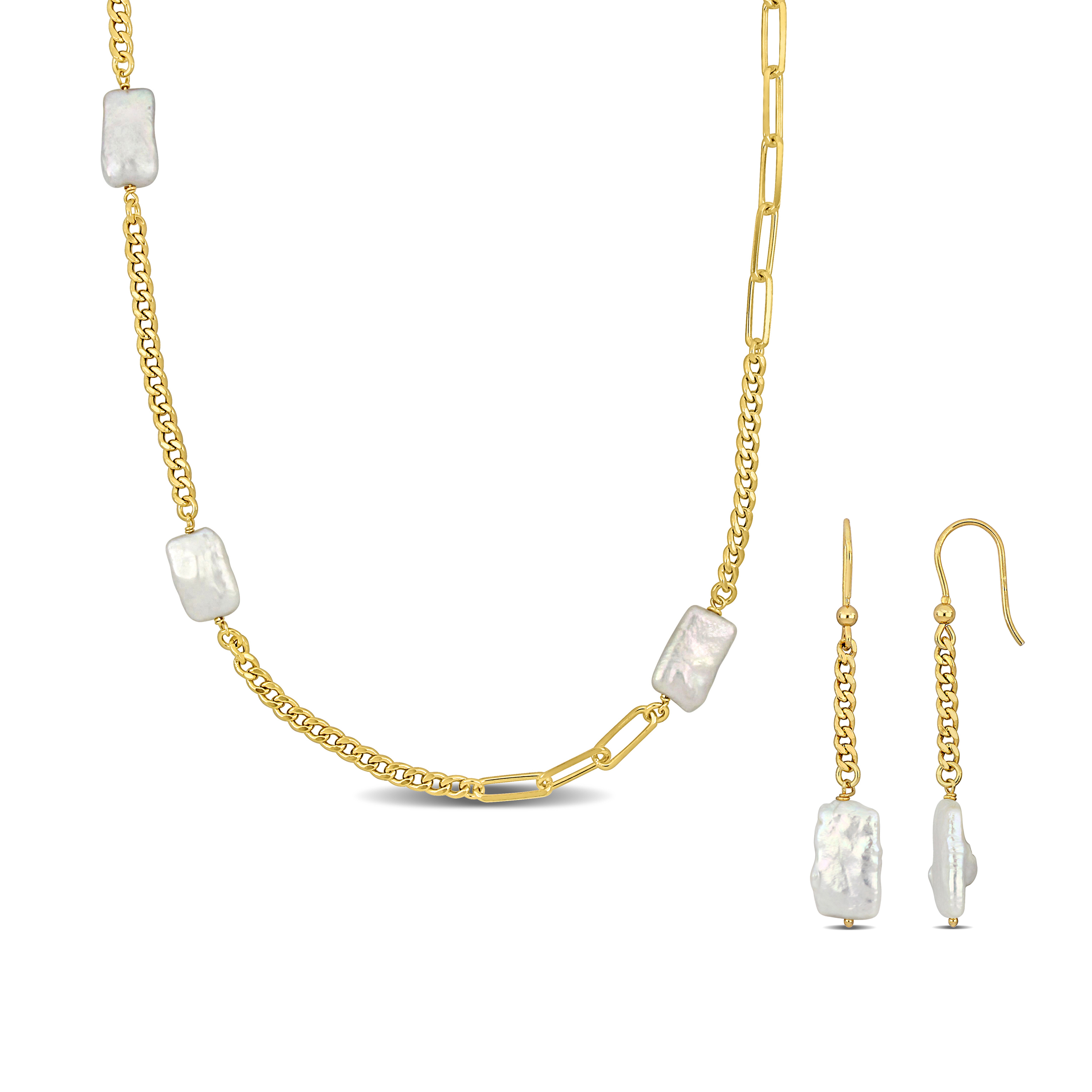 Cultured Freshwater Pearl Curb Link Paperclip Chain Necklace and Drop Earrings Set in Yellow Plated Sterling Silver