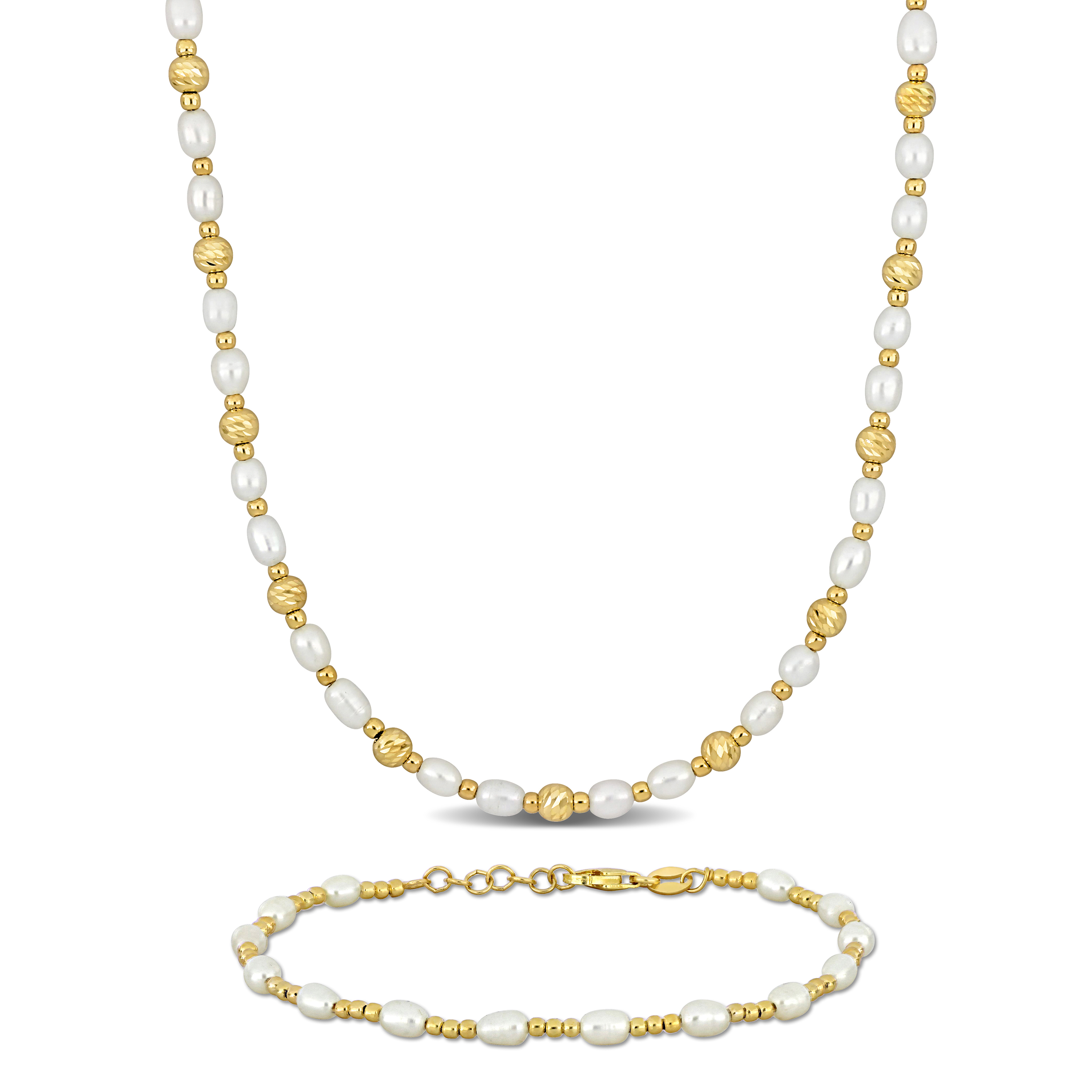 3.5-4 MM Cultured Freshwater Pearl Ball Bead Necklace and Bracelet Set in Yellow Plated Sterling Silver