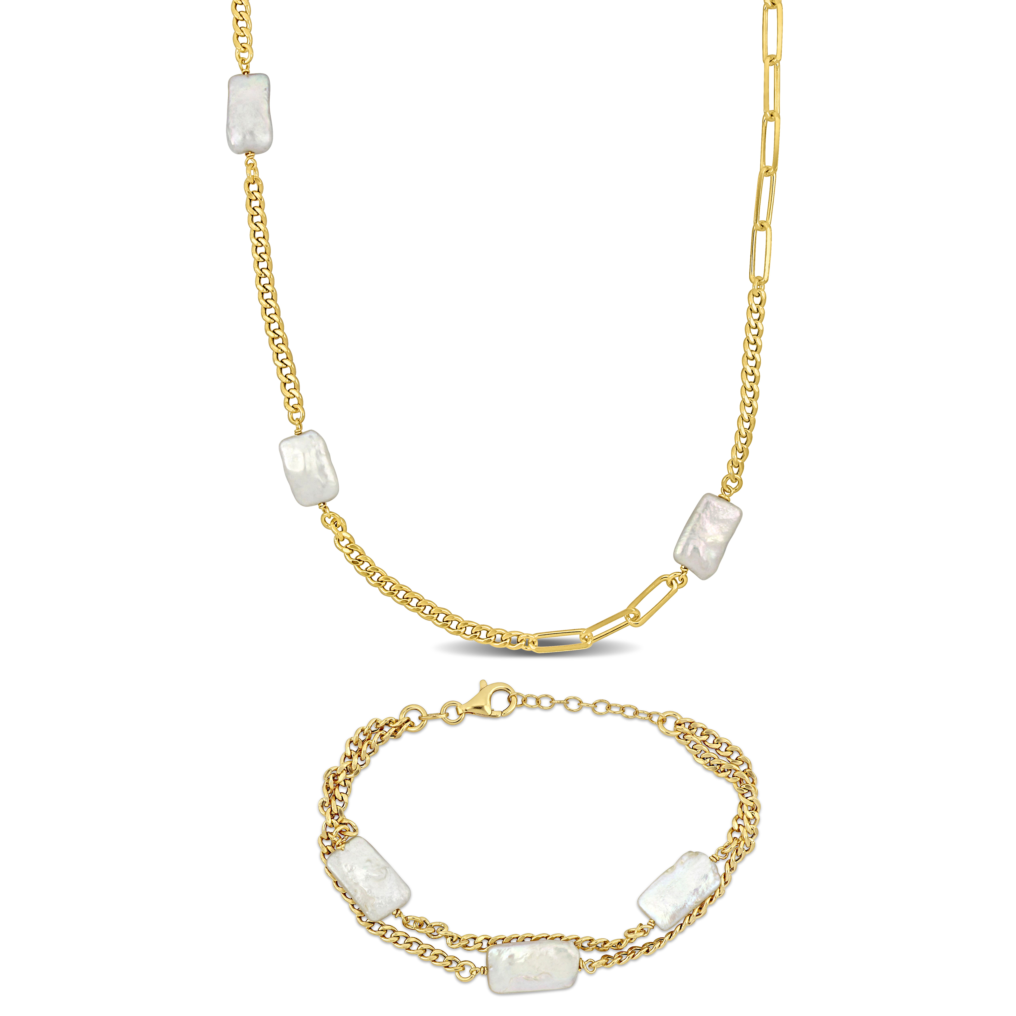 Cultured Freshwater Pearl Curb Link Paperclip Chain Necklace and Bracelet Set in Yellow Plated Sterling Silver