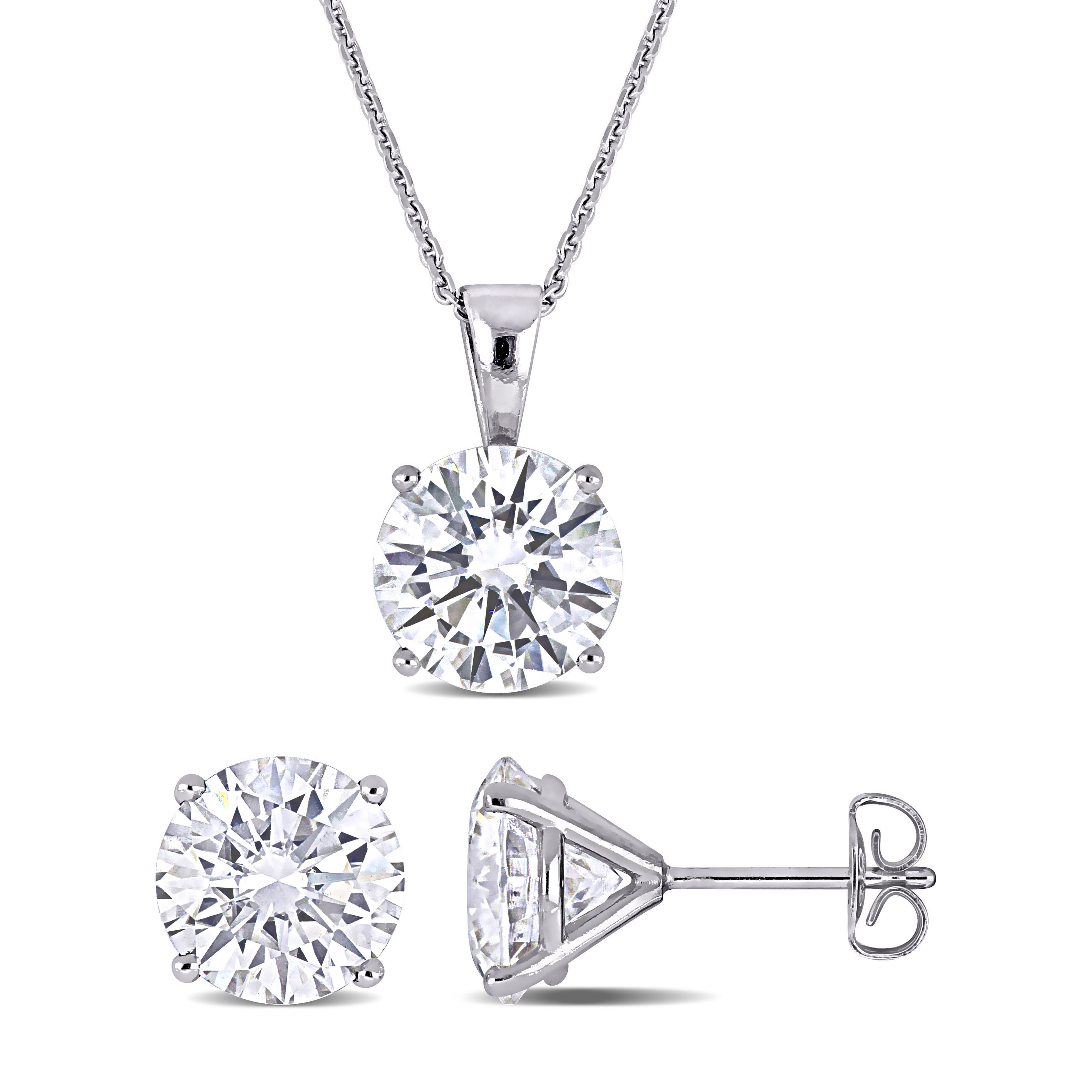 6 CT TGW Moissanite Solitaire Pendant with Chain and Stud Earrings 2-Piece Set in 14k White Gold