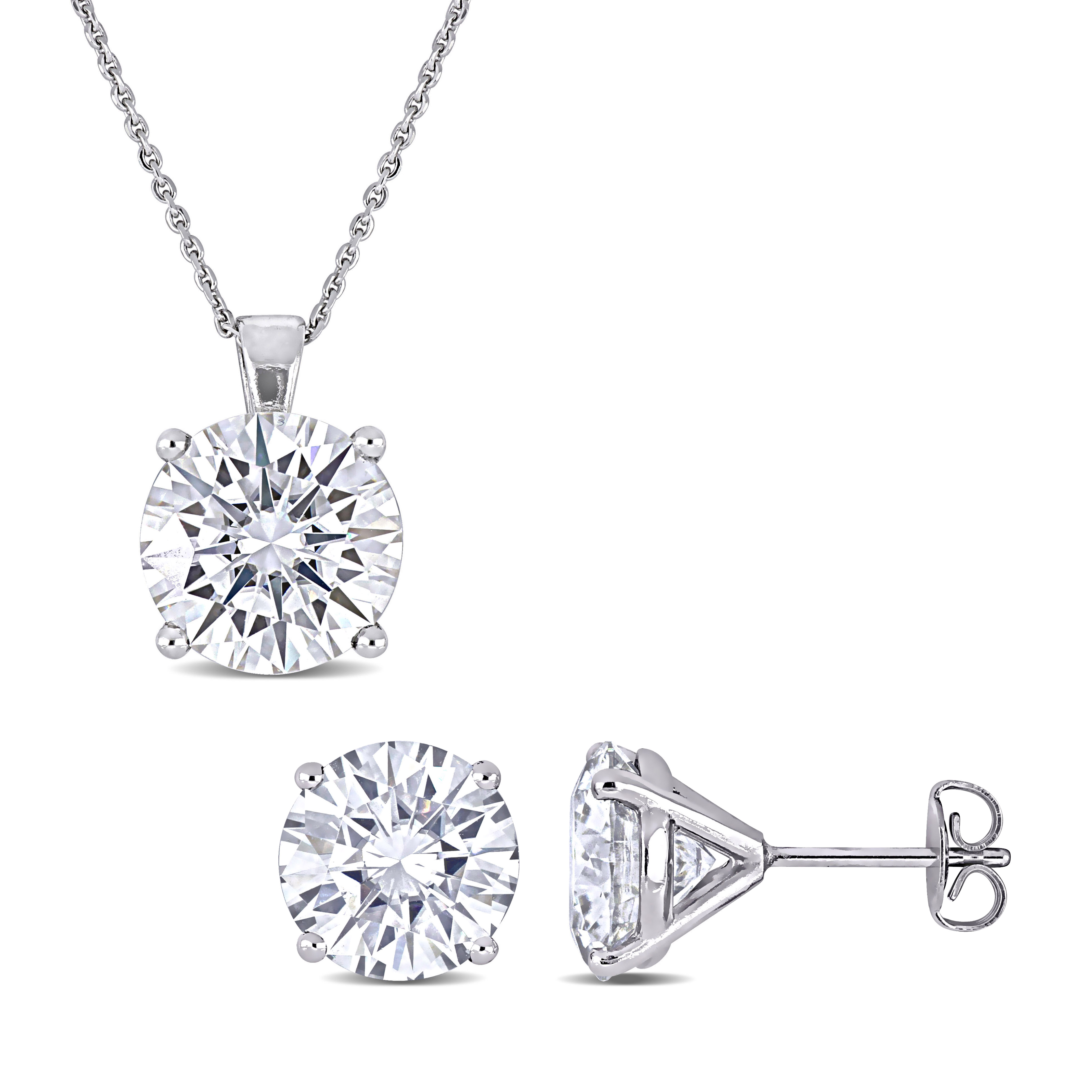 9 CT DEW Created Moissanite Stud Earrings and Pendant with Chain 2-Piece Set in 14k White Gold