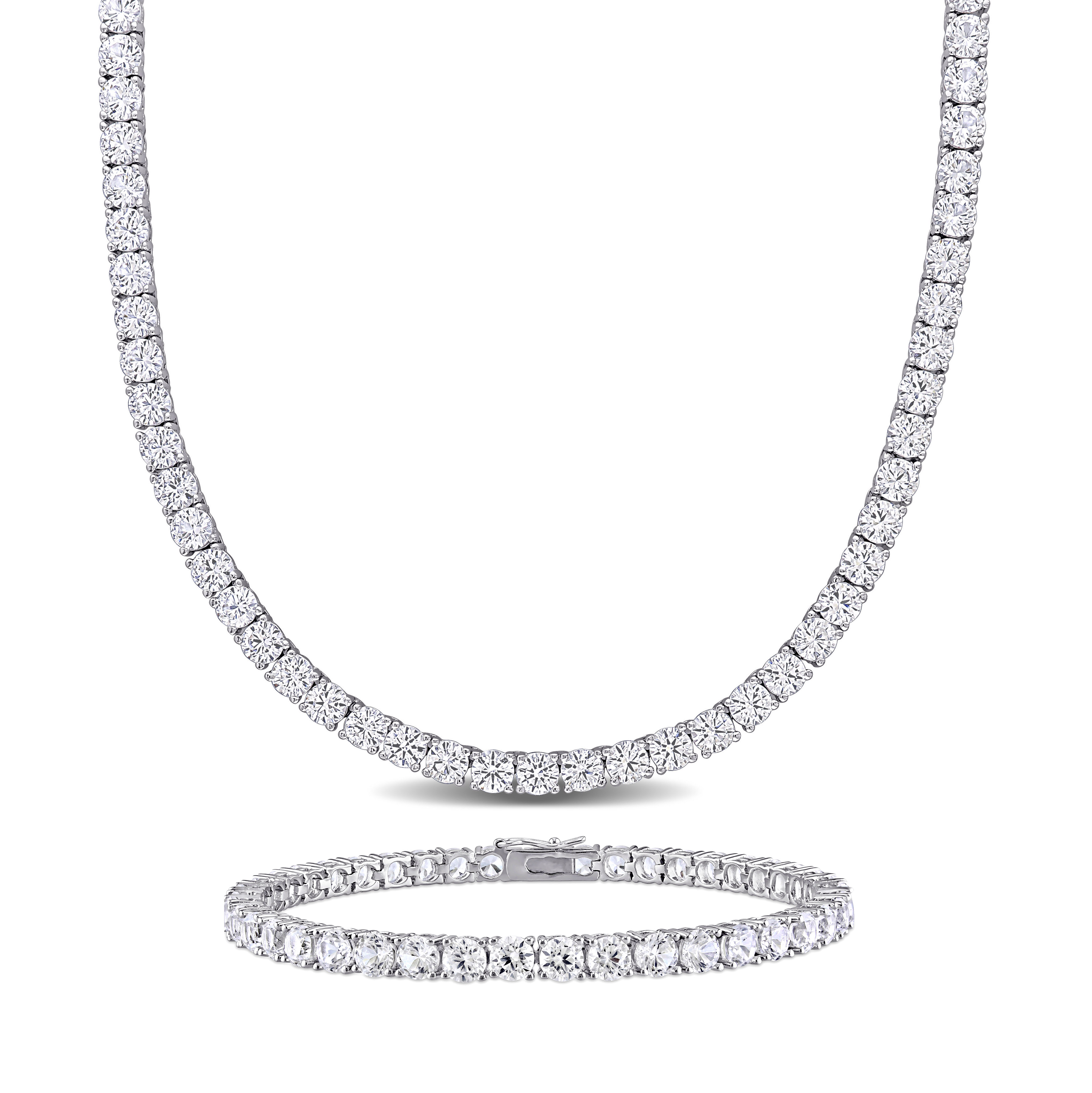 47 1/4 CT TGW Created White Sapphire Tennis Bracelet and Necklace Set in Sterling Silver