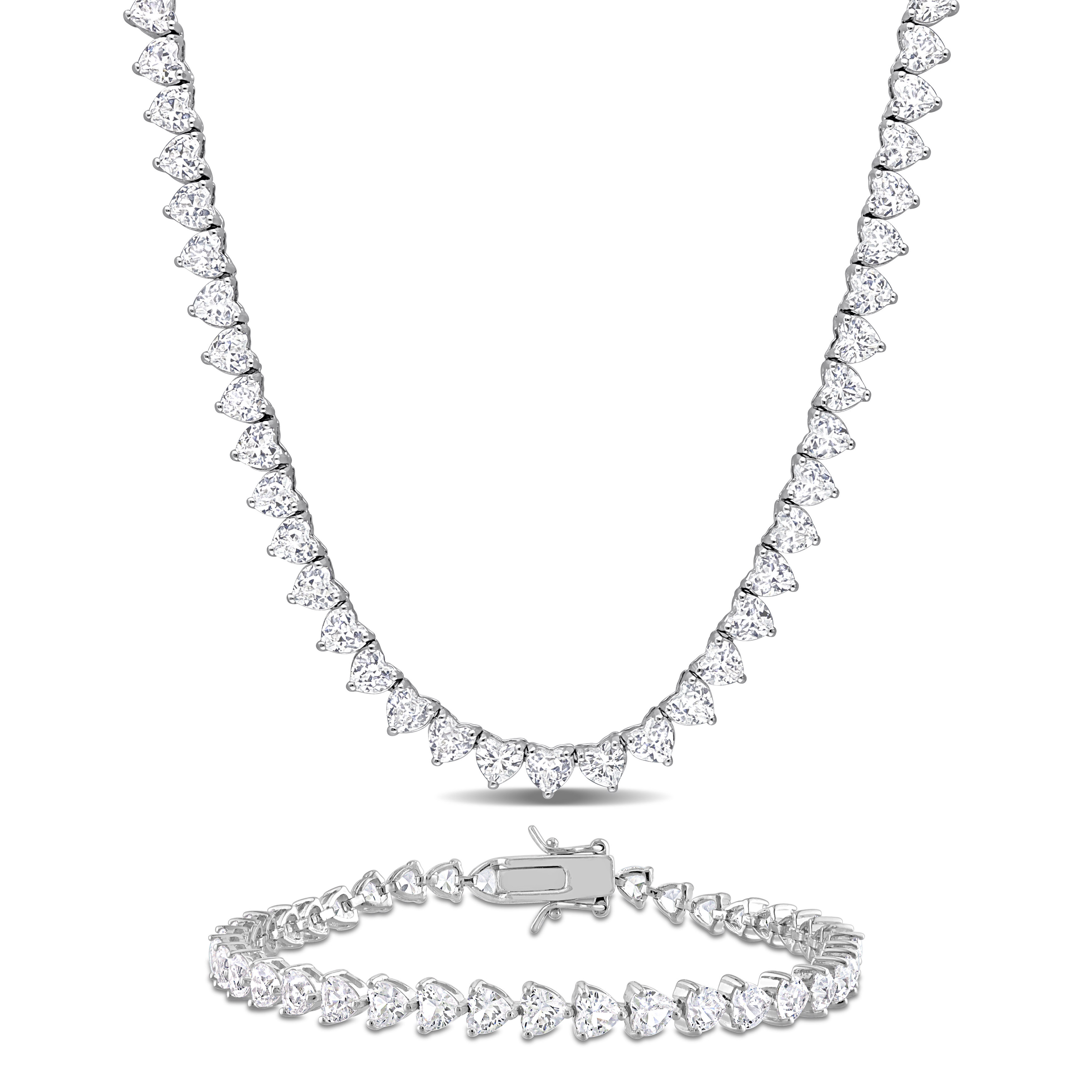 41 1/5 CT TGW Heart-Shaped Created White Sapphire Tennis Necklace and Bracelet in Sterling Silver