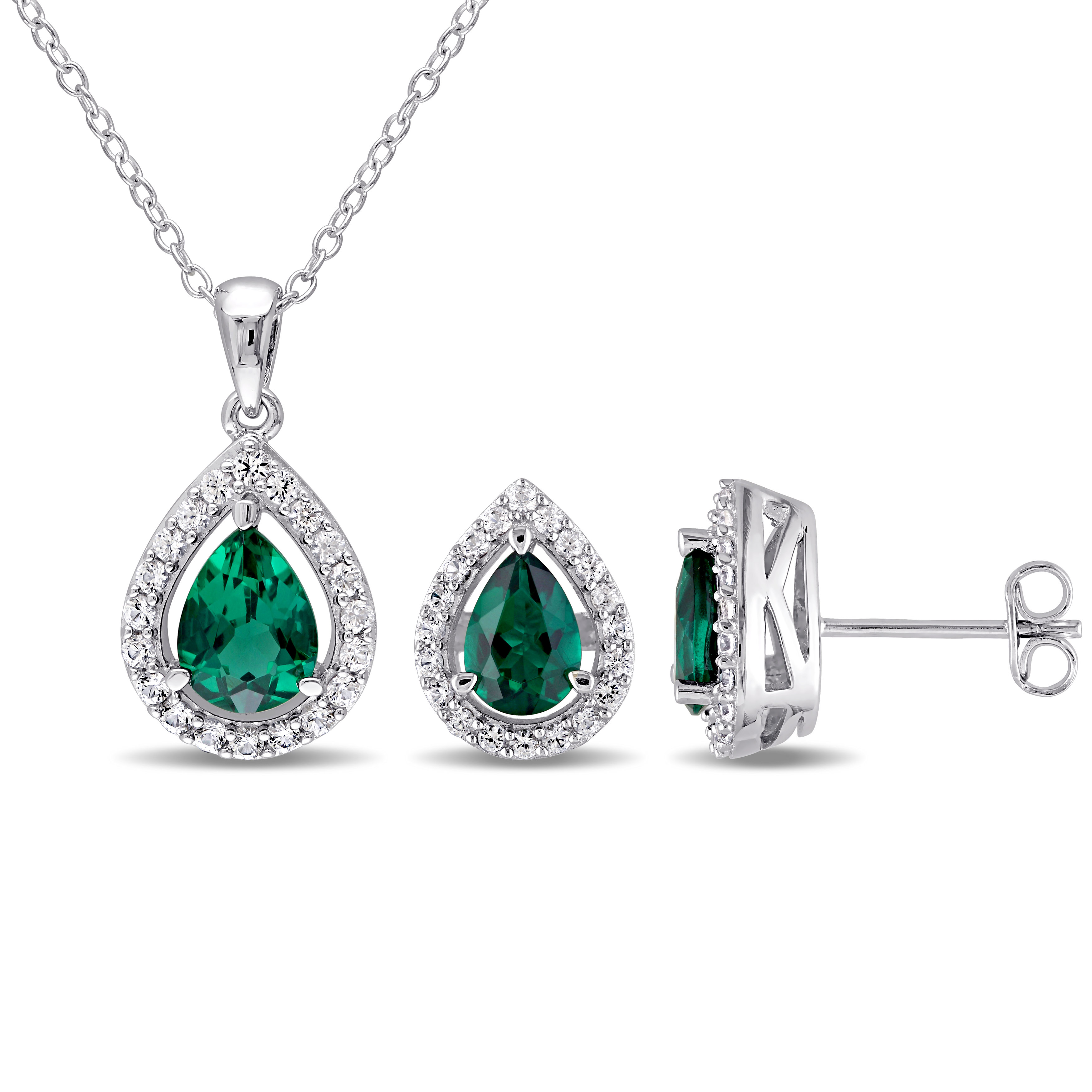 3 1/5 CT TGW Created Emerald Created White Sapphire Set With Chain in Sterling Silver