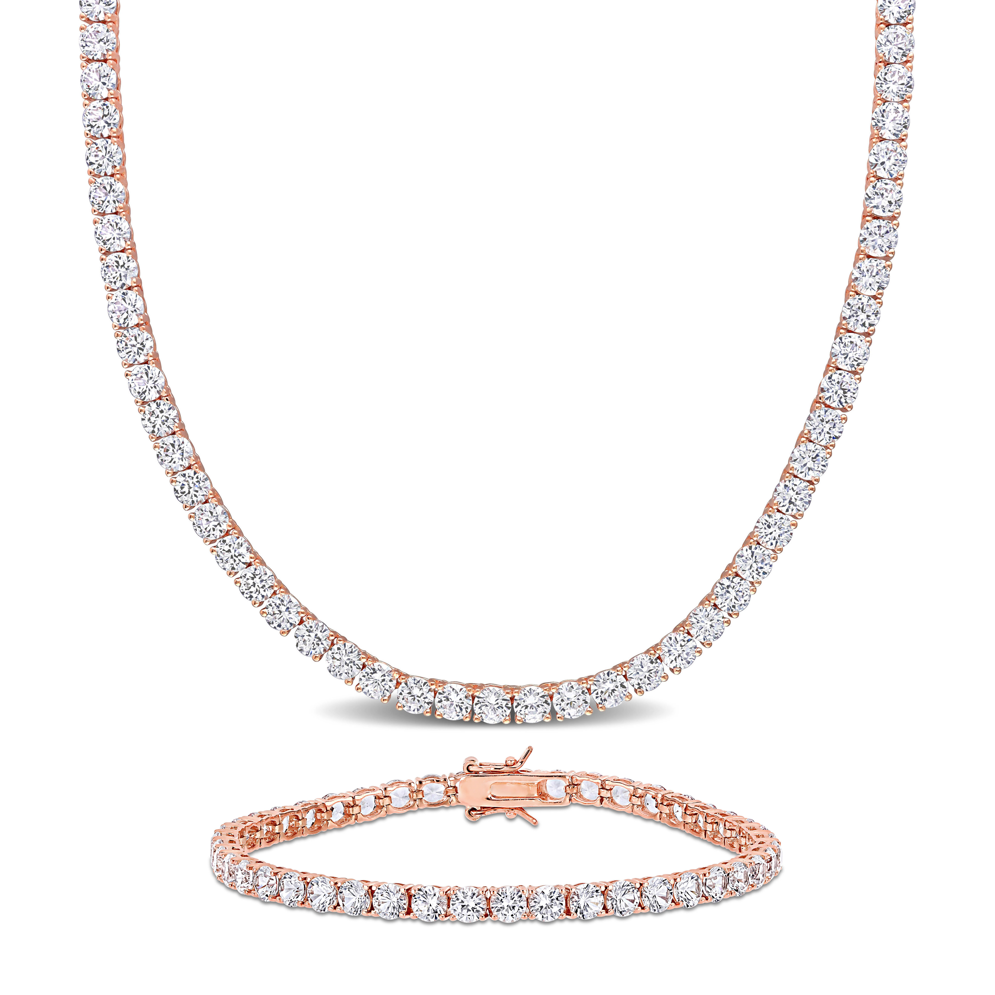 47 1/4 CT TGW Created White Sapphire Tennis Bracelet and Necklace Set in Rose Plated Sterling Silver