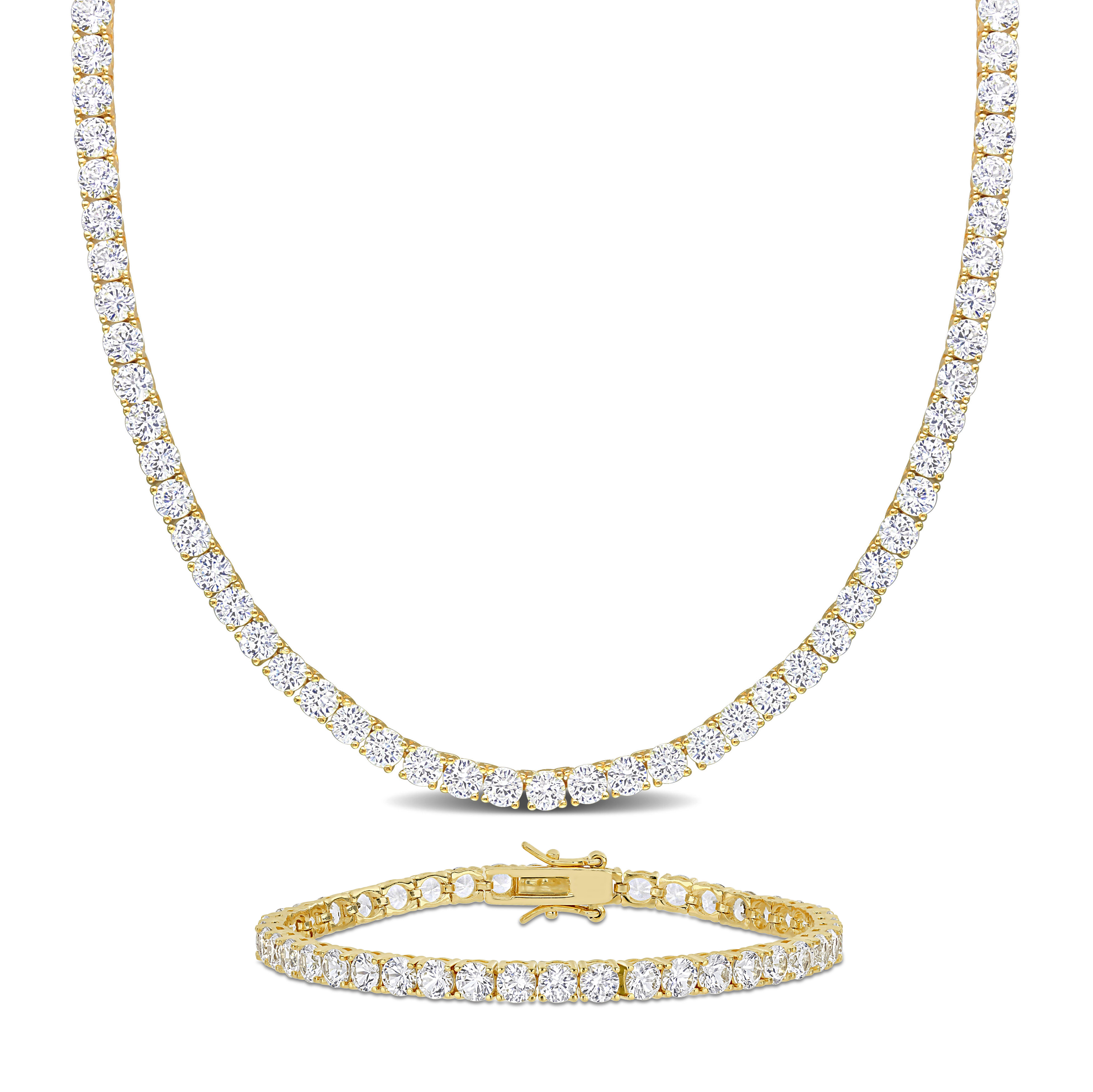 47 1/4 CT TGW Created White Sapphire Tennis Bracelet and Necklace Set in Yellow Plated Sterling Silver