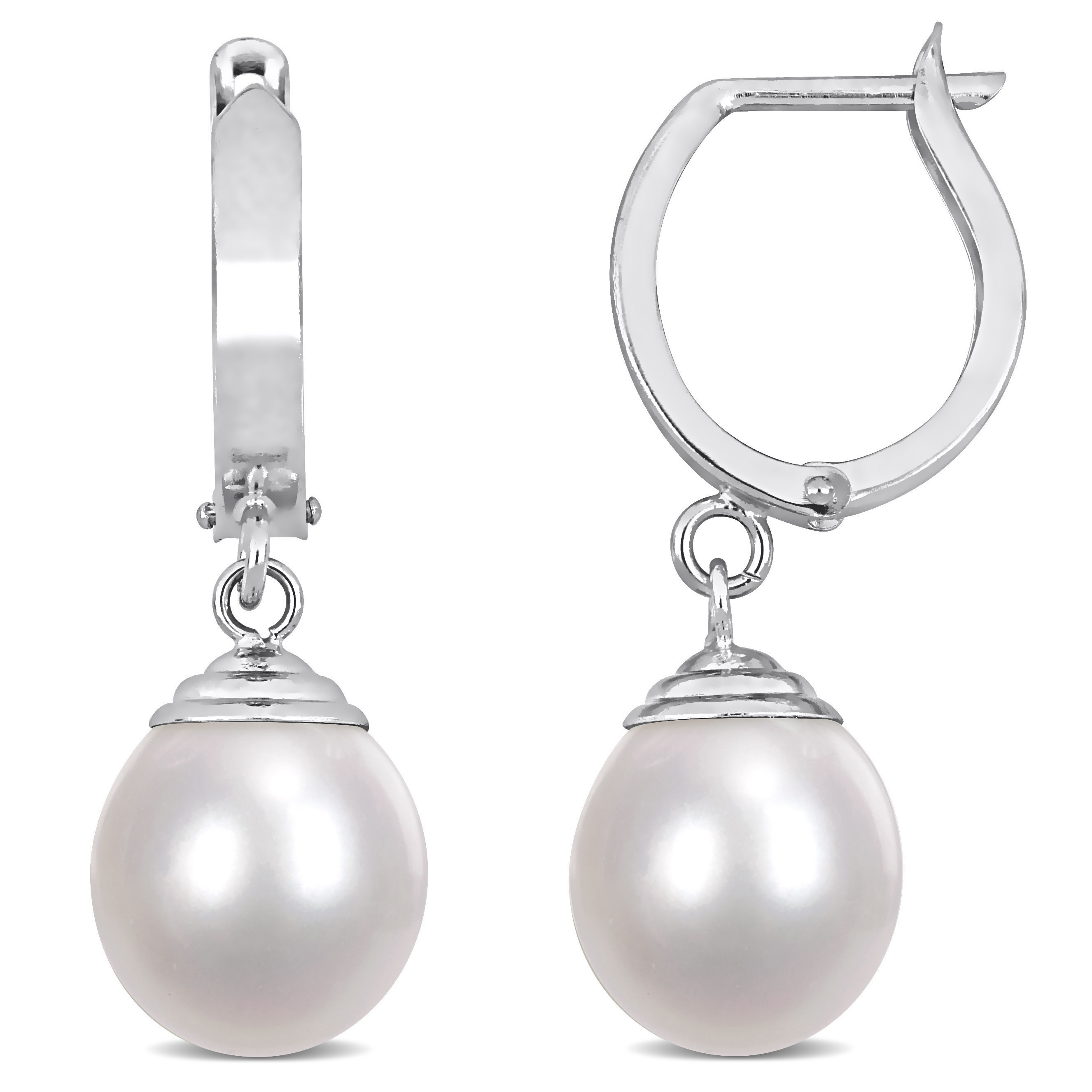 9 - 10 MM South Sea Cultured Pearl Hinged Hoop Drop Earrings in 14k White Gold