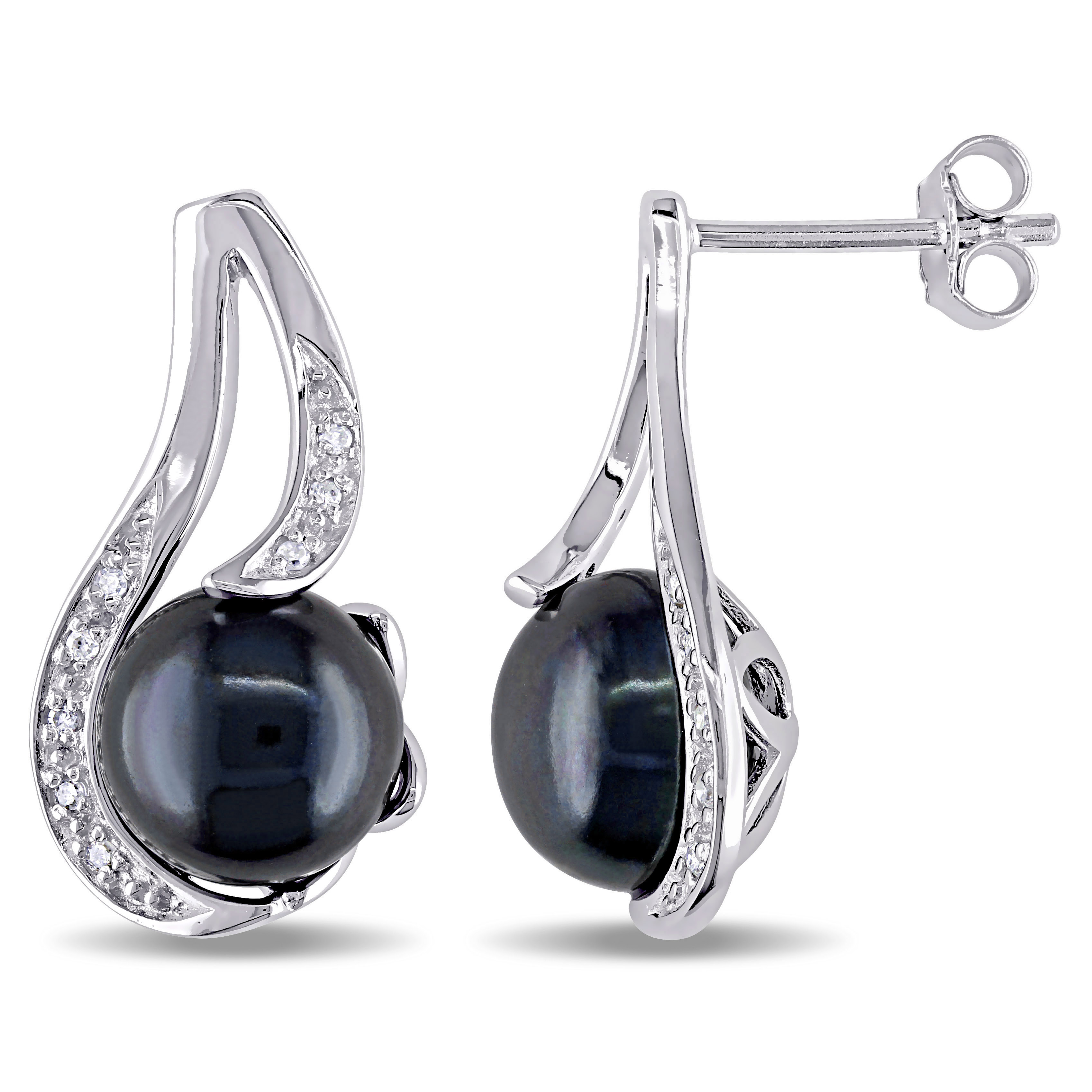 9 - 9.5 MM Black Cultured Freshwater Pearl with Diamonds Earrings in Sterling Silver