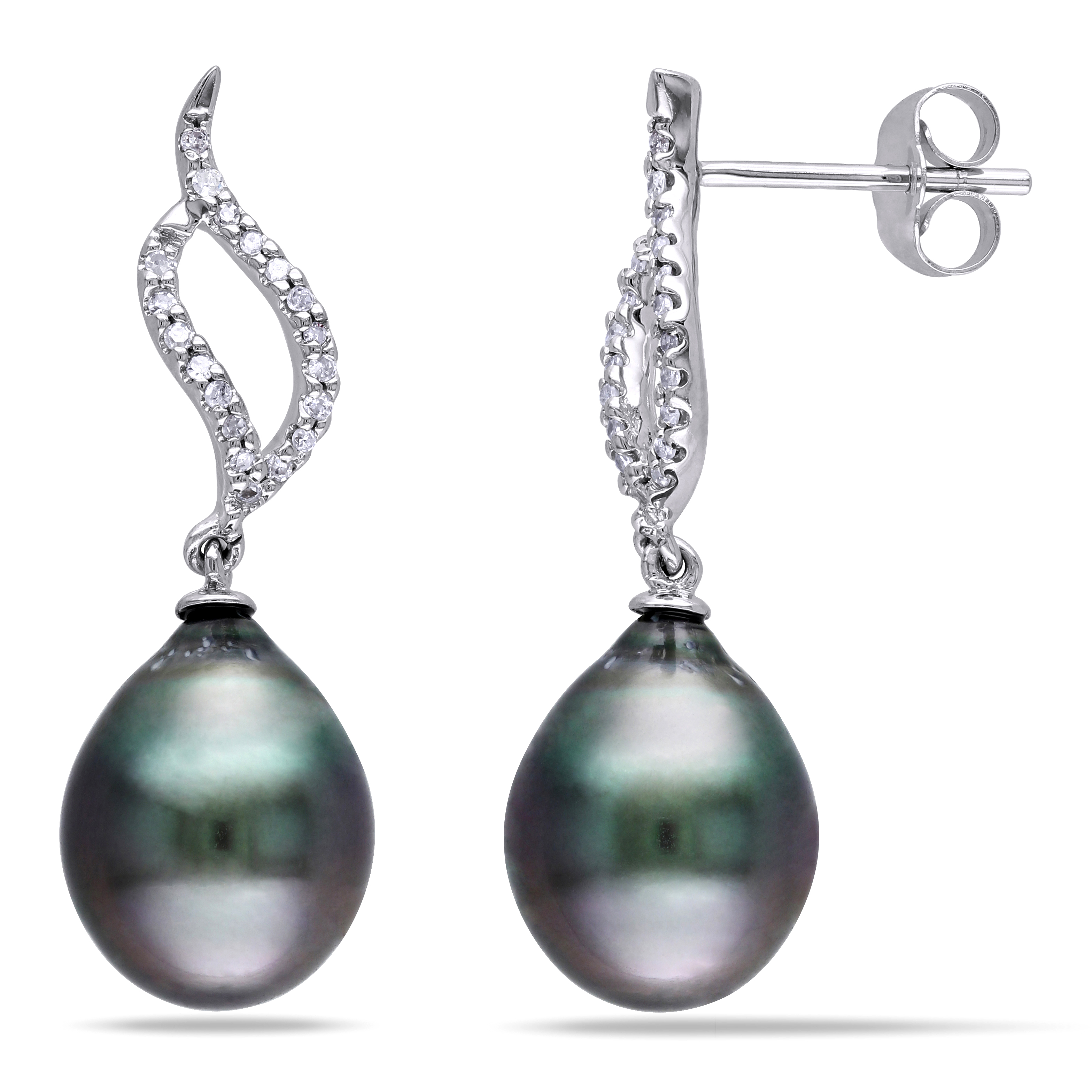 9 - 9.5 MM Black Tahitian Cultured Pearl and 1/10 CT TW Diamond Flame Drop Earrings in 10k White Gold