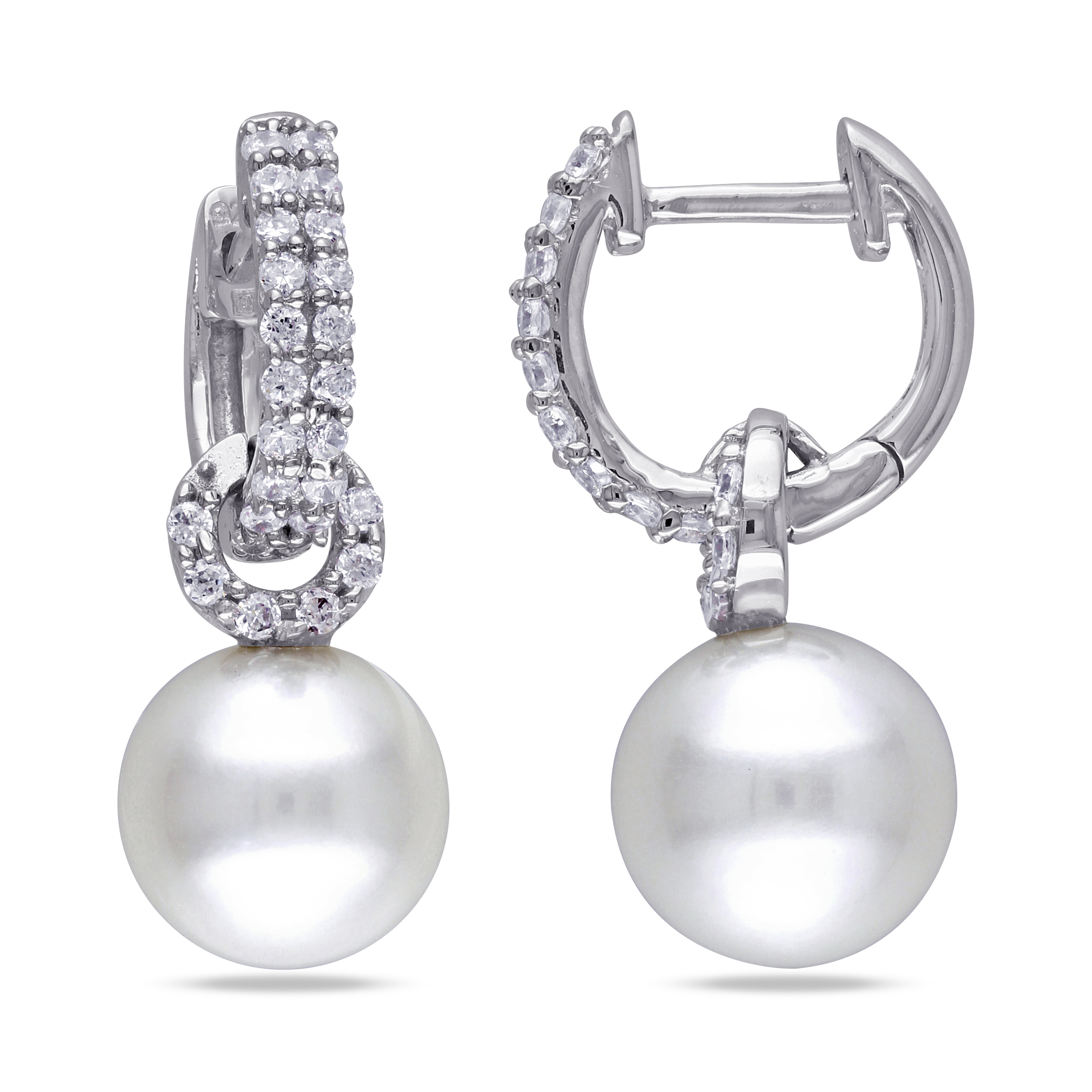 8 - 8.5 MM White Cultured Freshwater Pearl with Cubic Zirconia Earrings in Sterling Silver