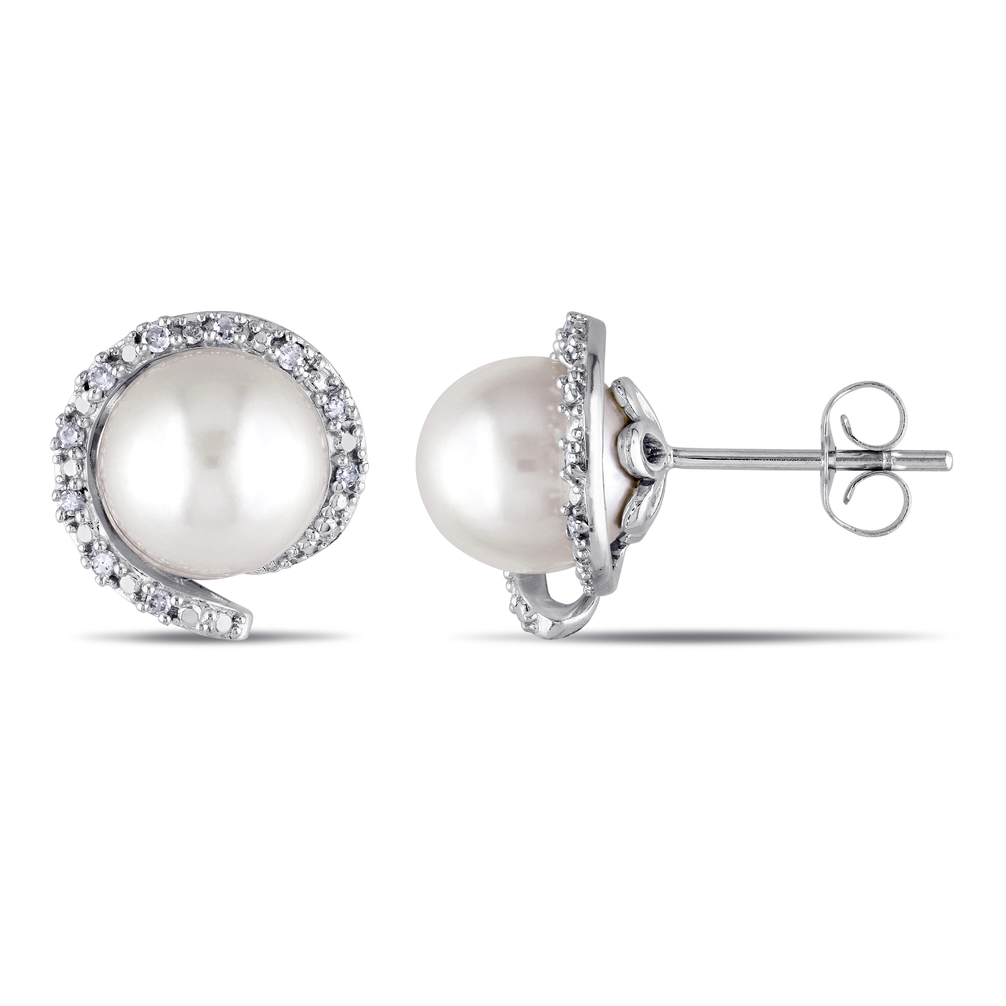 8 - 8.5 MM Cultured Freshwater Pearl and 1/10 CT TW Diamond Stud Earrings in 10k White Gold