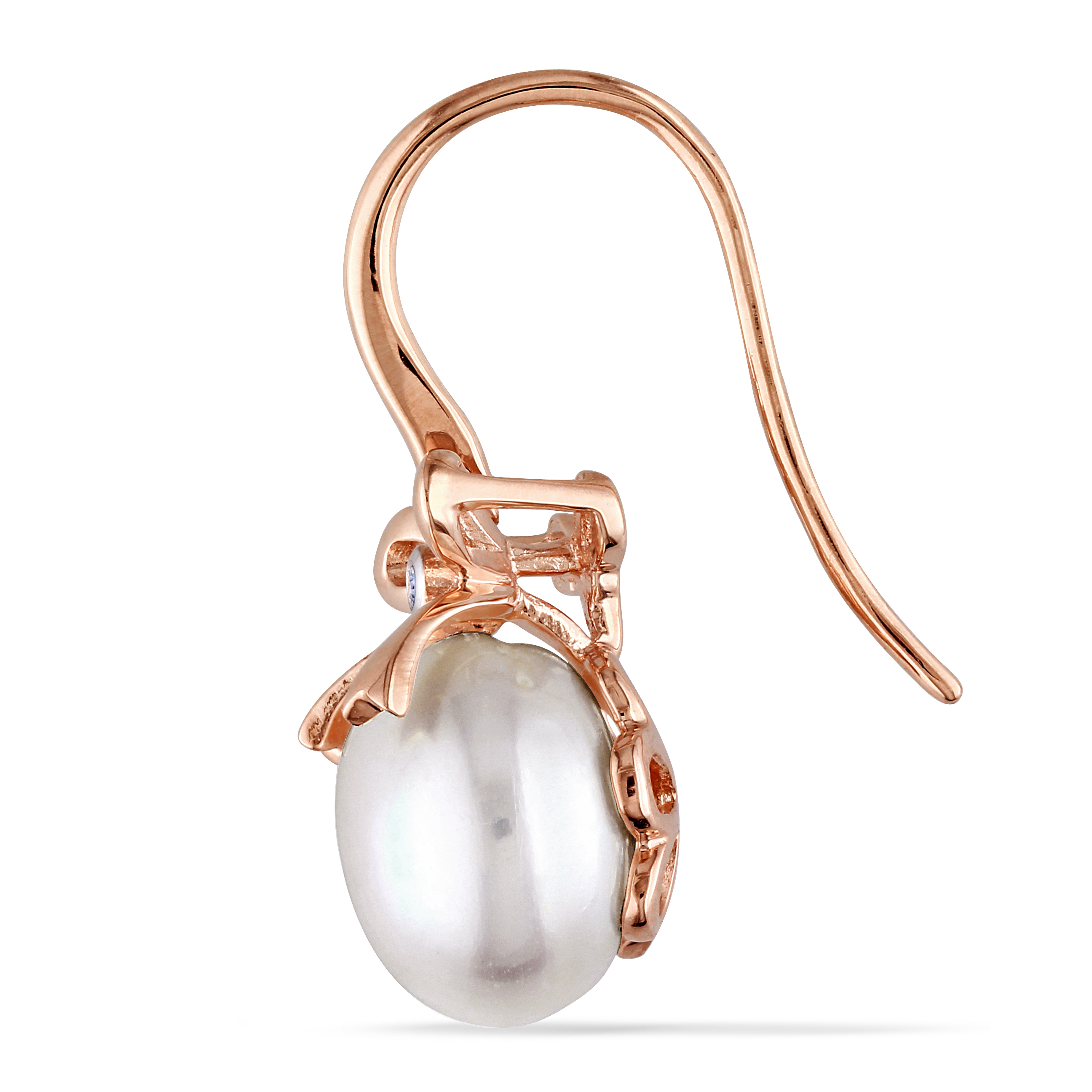 10.5 - 11 MM Cultured Freshwater Pearl and Diamond Bow Drop Hook Earrings in 10k Rose Gold
