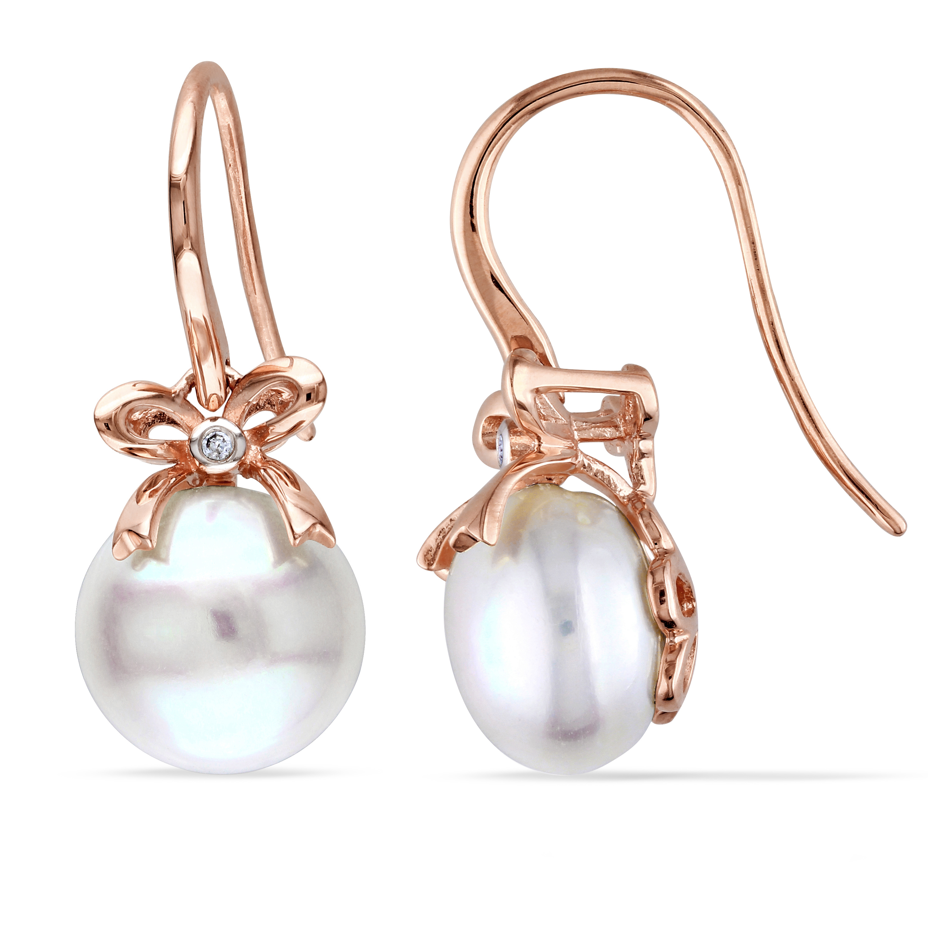 10.5 - 11 MM Cultured Freshwater Pearl and Diamond Bow Drop Hook Earrings in 10k Rose Gold