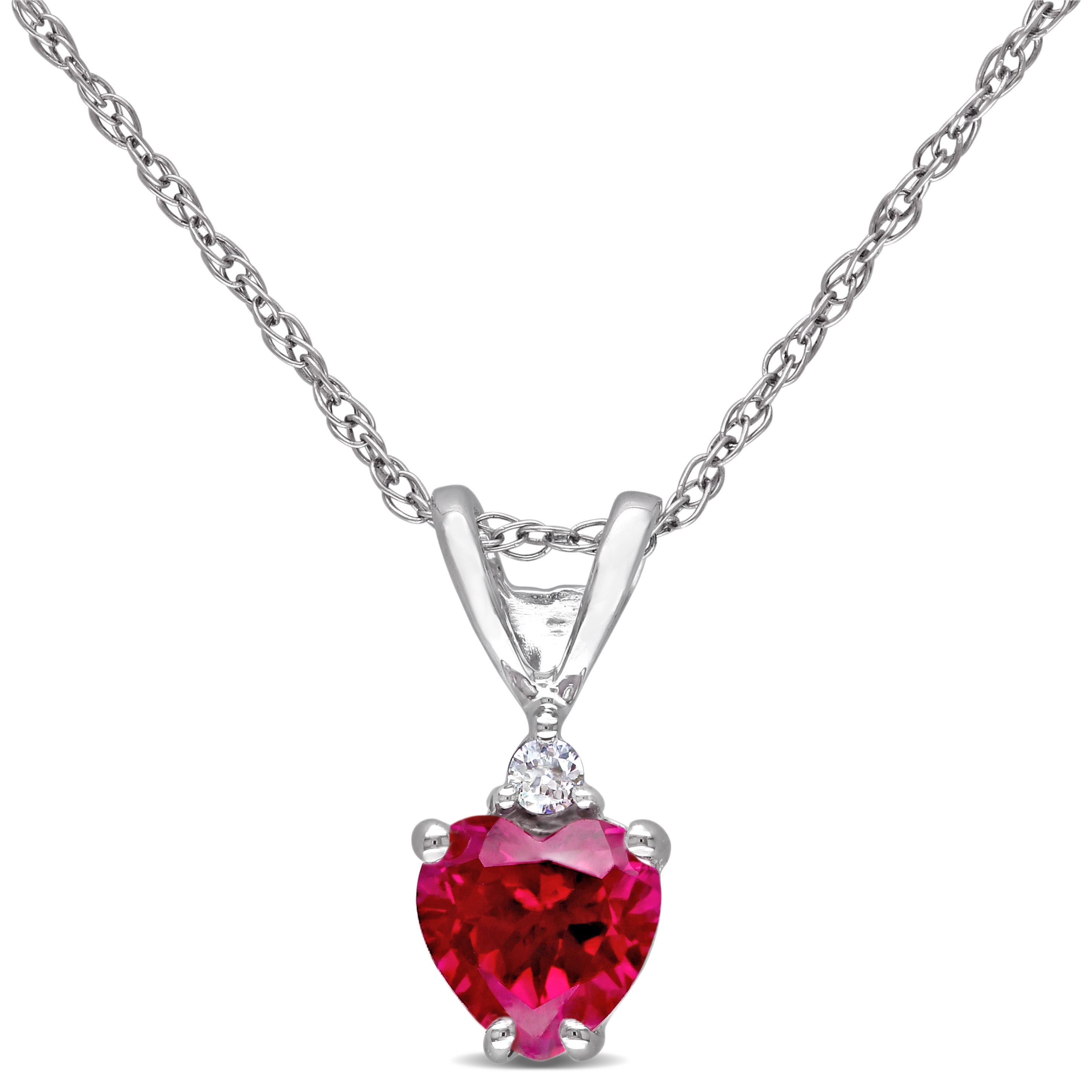 Amour 10k White Gold Heart Shaped Created Ruby Pendant and Chain with ...