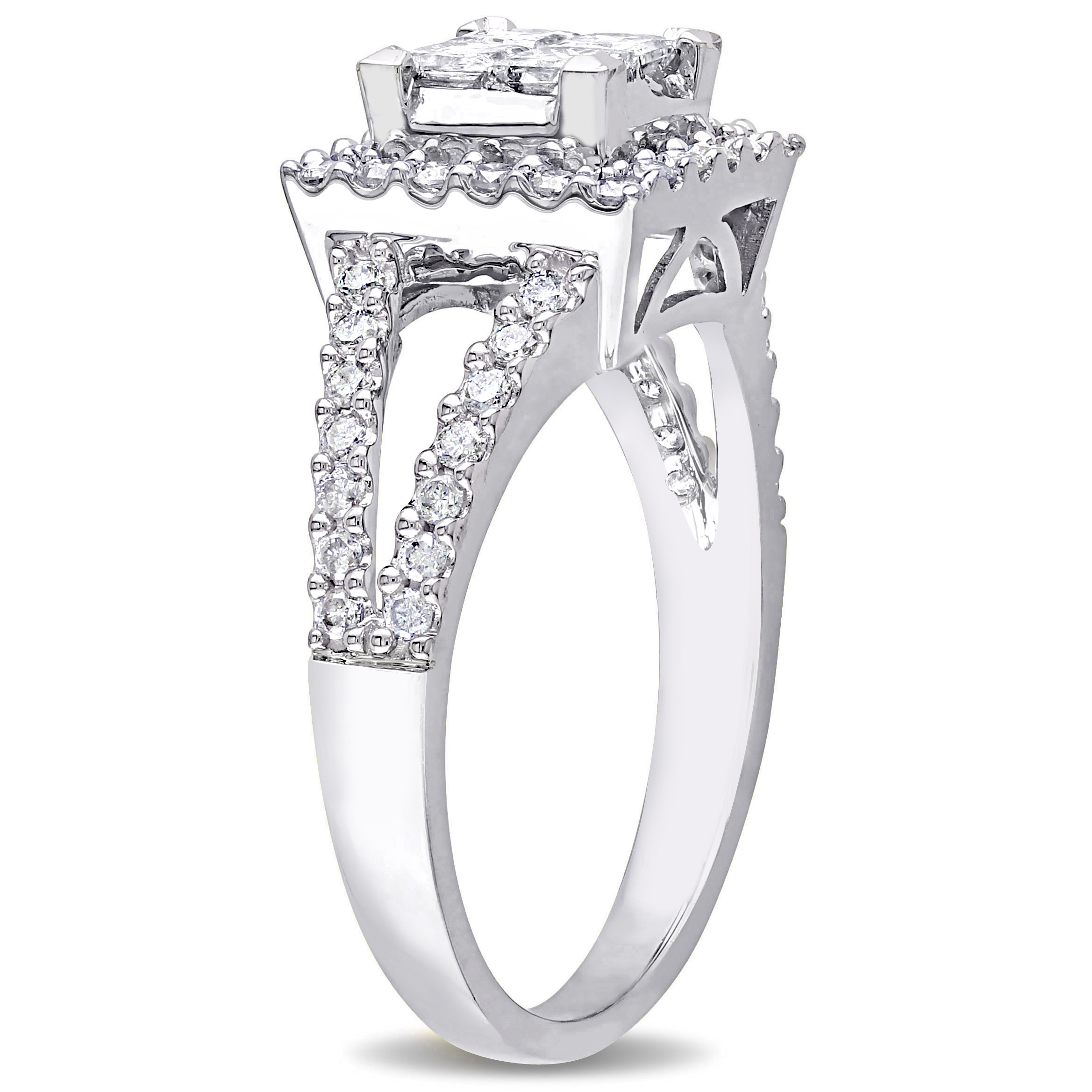 1 CT TW Princess Cut Quad and Round Diamond Halo Split Shank Engagement Ring in 14k White Gold